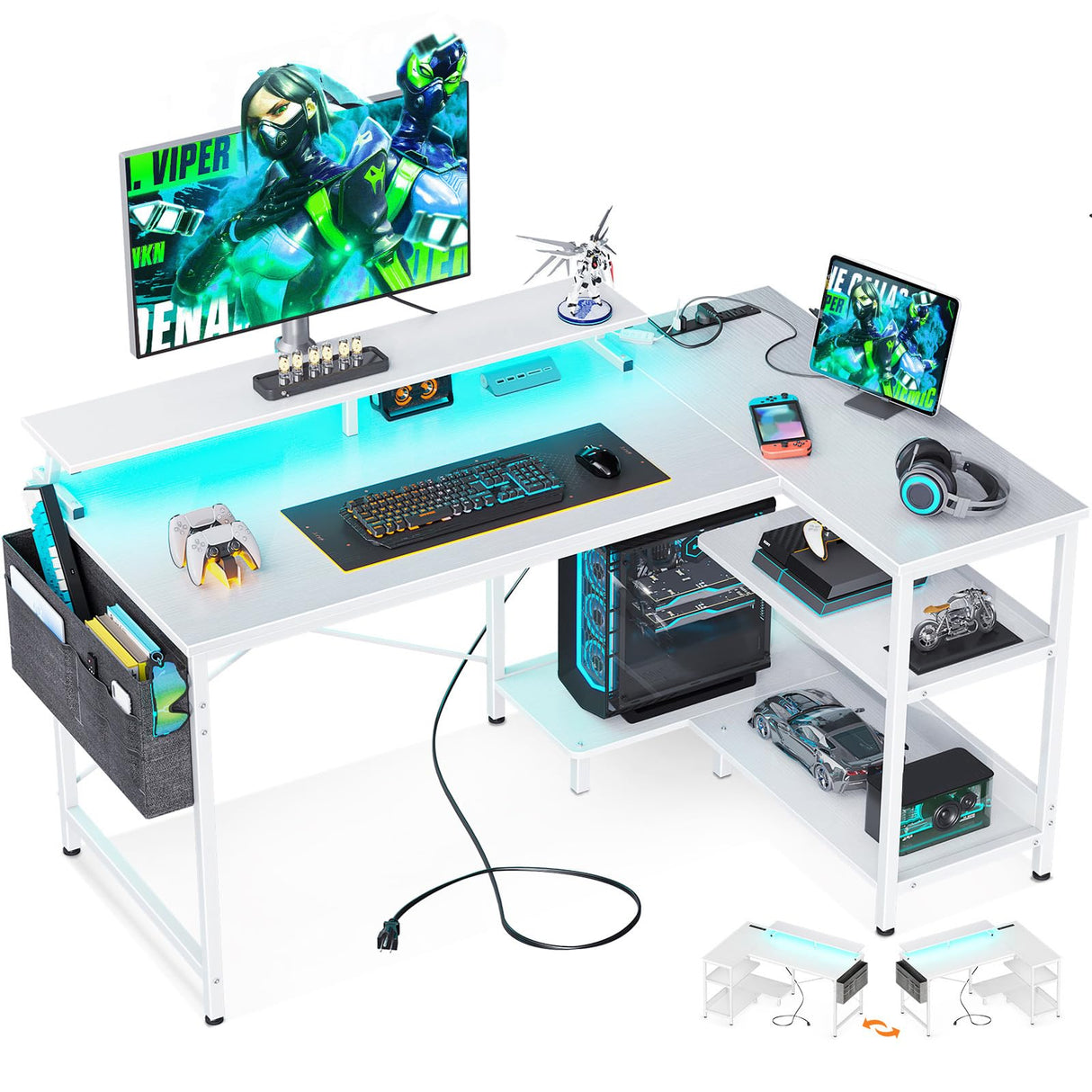 ODK 48 Inch Gaming Desk with USB Charging Ports and LED Lights, Reversible L Shaped Computer Desk with Storage Shelves & Monitor Stand, Corner Home Office Desk Table with Power Outlets, White ODK