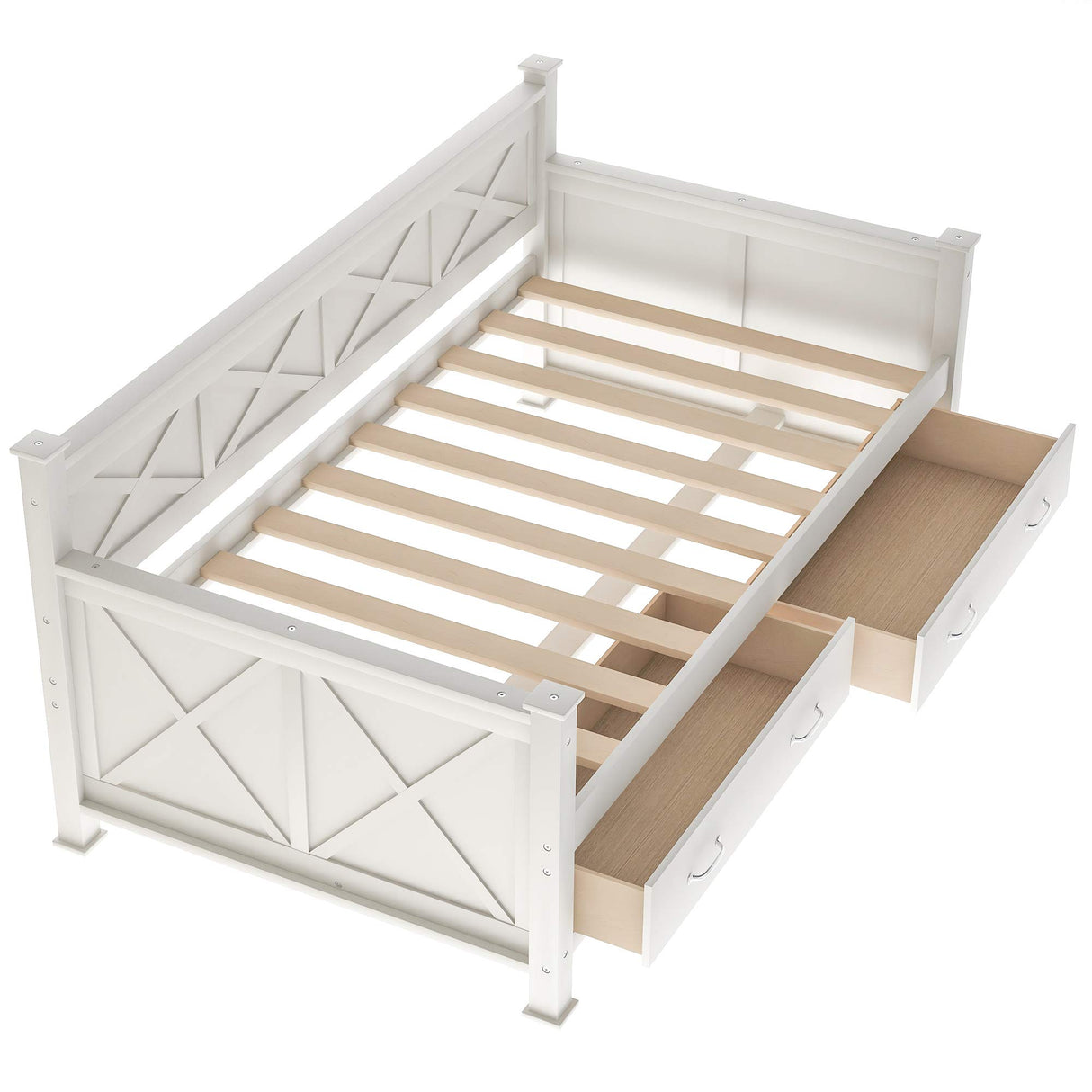 Twin Size Farmhouse Wood Daybed with 2 Storage Drawers, X-Shaped Sturdy Modern and Rustic Casual Style Corner Bed Day Bed Frame with Drawers for Bedroom, No Box Spring Required (Cream White+Twin) THINK 30