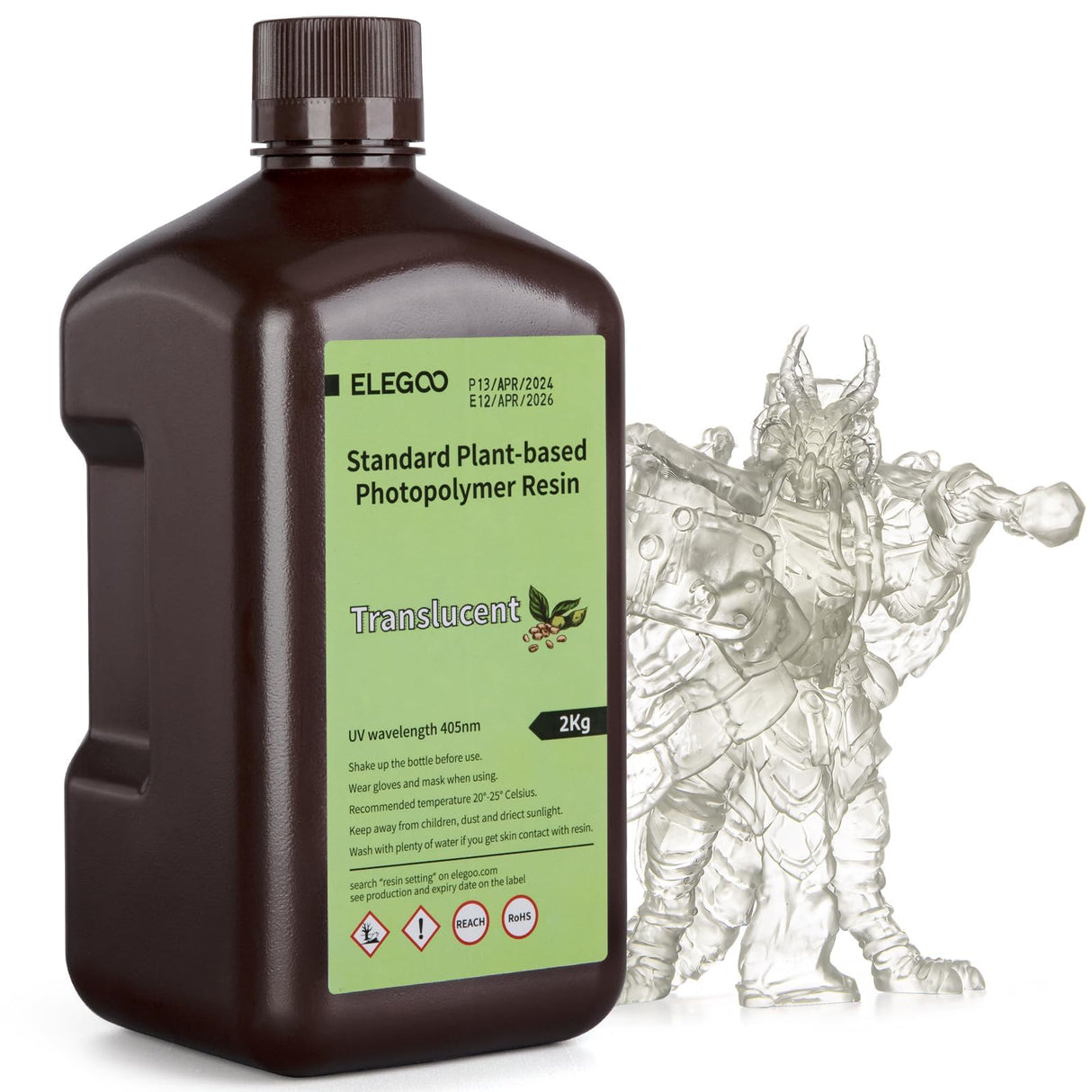 ELEGOO Standard Plant-Based 3D Printer Resin with Low Odor and High Precision, 405nm UV Curing Resin for Mars Saturn Jupiter MSLA DLP LCD 3D Printing - Translucent 2000g ELEGOO