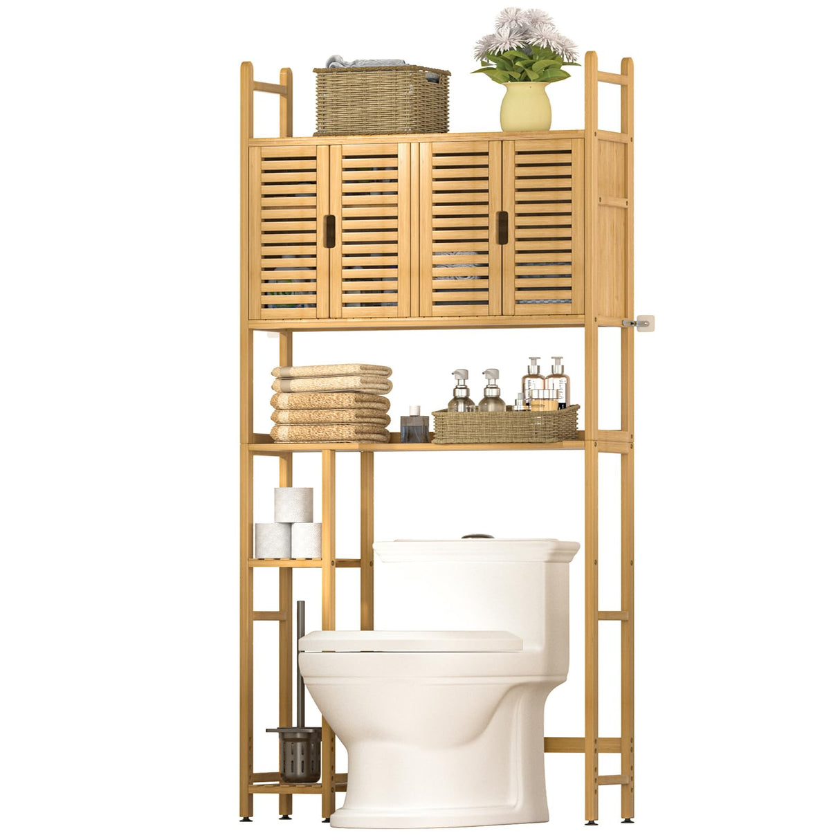 Cozivolife Bamboo Over-The-Toilet Storage Cabinet with Toilet Paper Holder and Four Doors Cozivolife