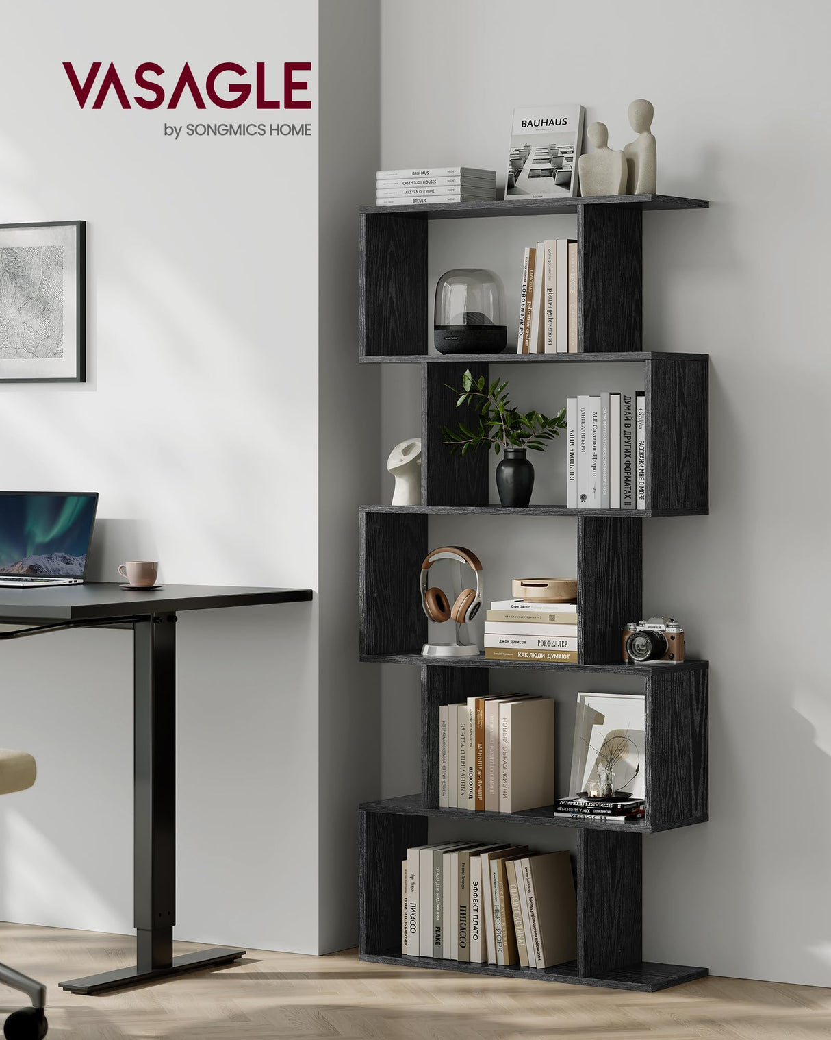VASAGLE Bookshelf, 5-Tier Bookcase, Tall Display Shelf, Freestanding Storage Shelf, Room Divider, for Home Office, Living Room, Bedroom, Study, Ebony Black ULBC062T56 VASAGLE