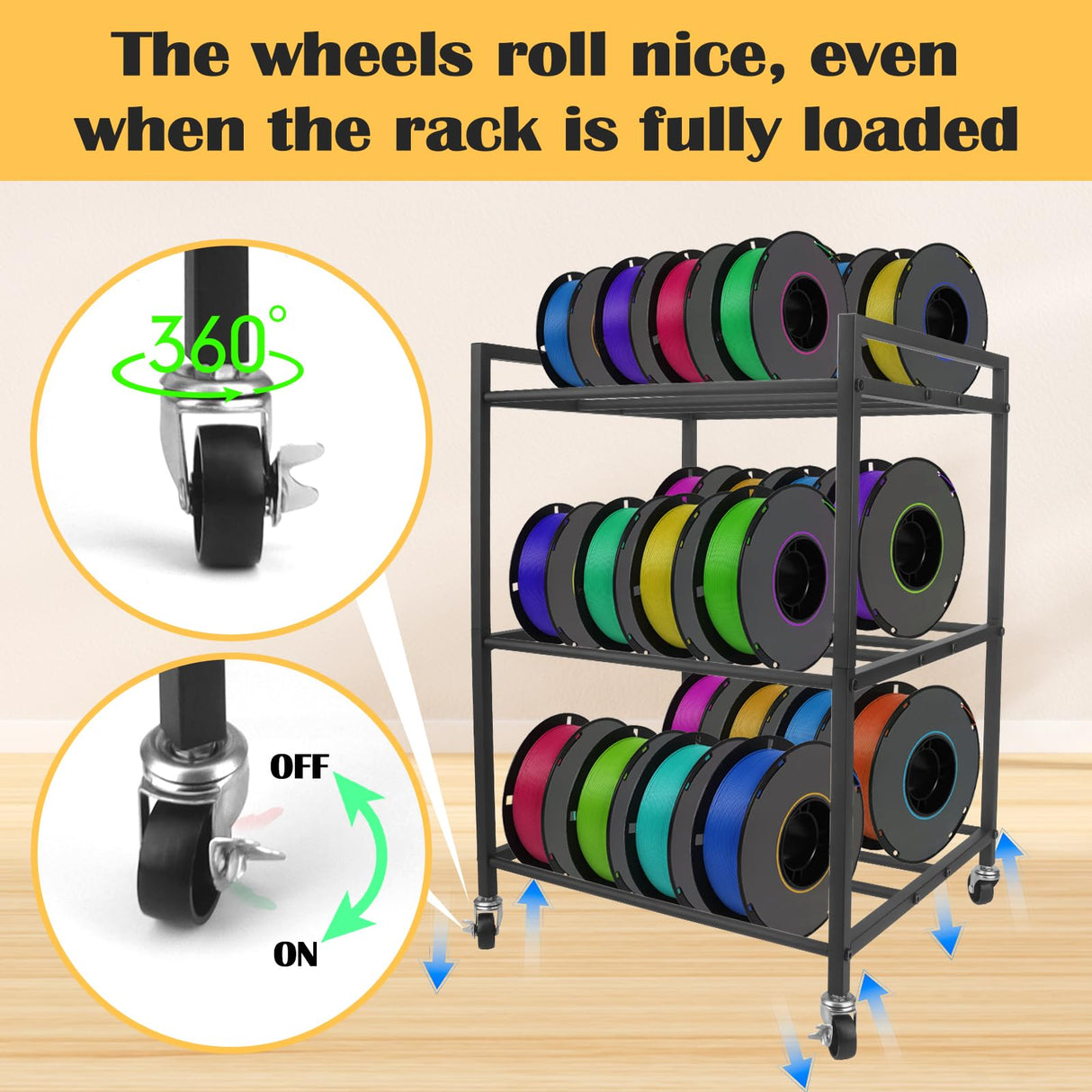 3D Printer Filament Storage Rack, 360°Rolling Filament Spool Holders Racks with Wheels, Heavy Duty Metal Shelf for PLA/ABS/TPU,Filaments Organzied for 3D Printing Wanyshapy