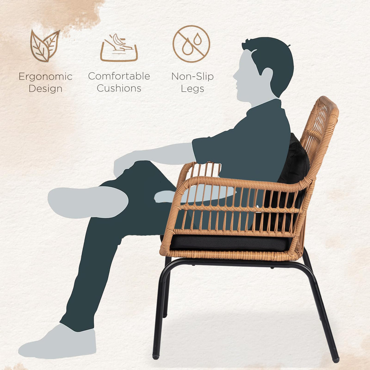 PROHIKER 3 Pieces Outdoor Wicker Bistro Patio Furniture Set, Porch Furniture Rattan Conversation Sets with Side Table and Cushions for Garden Poolside Backyard, Yellow/Black PROHIKER