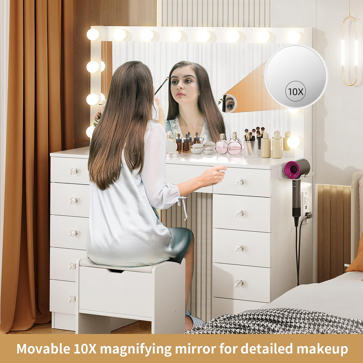 VOWNER Vanity with Lighted Mirror - Makeup Vanity Desk with 11 Drawers and Outlet, 3 Color Lighting Modes Adjustable Brightness, 46" Vanity Table with Soft Cushioned Stool for Bedroom, White VOWNER