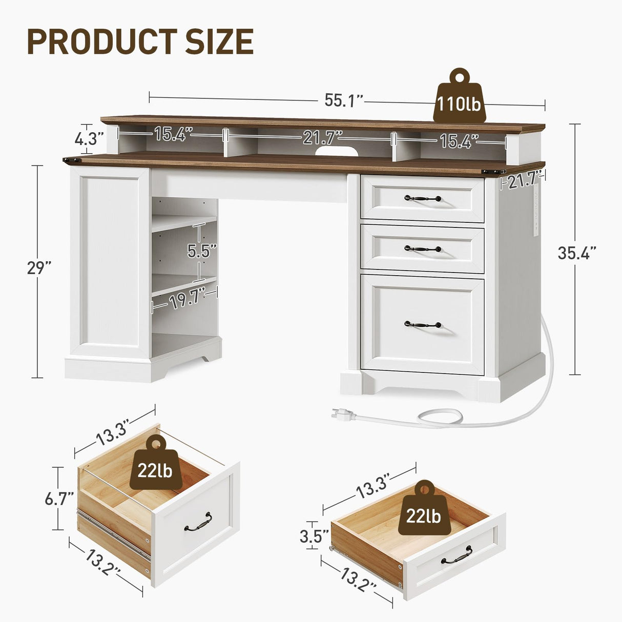 RALGEND 55'' Farmhouse Executive Desk with Drawers, Computer Desk with File Cabinet and Side Bookshelf, Writing Gaming Desk with Monitor Stand & Charging Station, White and Walnut RALGEND