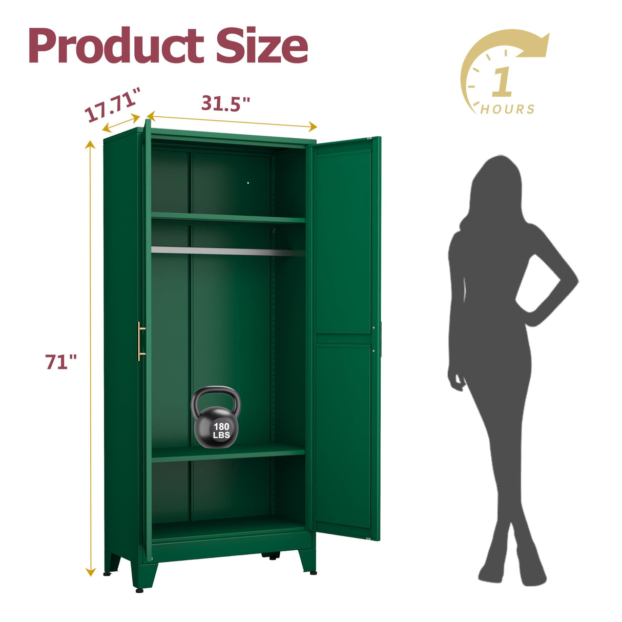 GAIOUS Metal Wardrobe Cabinet with Hanging Rod, 71" Metal Clothing Storage Cabinets with 2 Doors and Adjustable Shelves, Green Armoire Wardrobe Closet for Bedroom, Laundry Room, Cloak Room GAIOUS