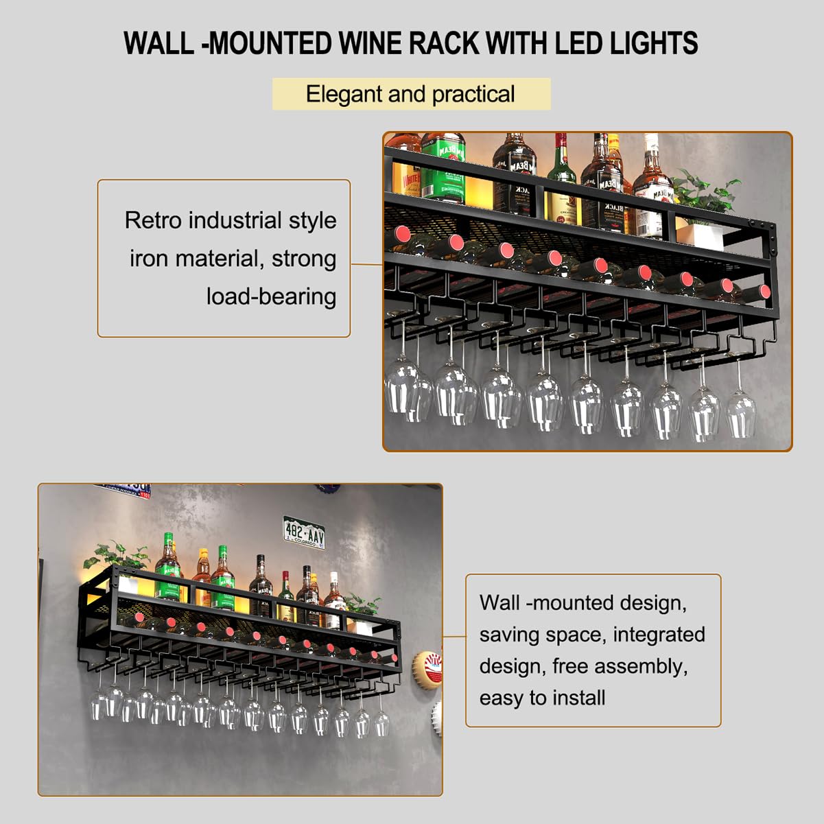 Pengfei LED Wine Rack Wall Mounted, Industrial Metal Wall Wine Shelf & Glass Holder, Large Floating Shelves Wine Bottle Storage Display Rack for Home Bar Dining Room Decor, Black Pengfei