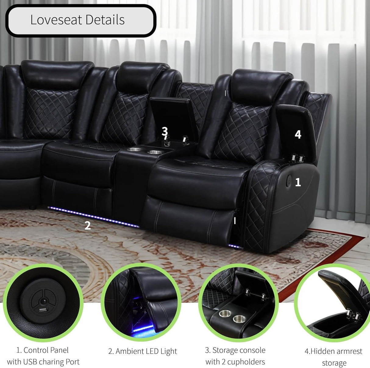 Power Recliner Sofa Sectional Sofa with LED Light for Living Room, Air Leather Reclining Corner Sectional Sofa Set, Cup Holder, Storage Console for Home Theater Seating (Black, Sectional) AYCP Furniture