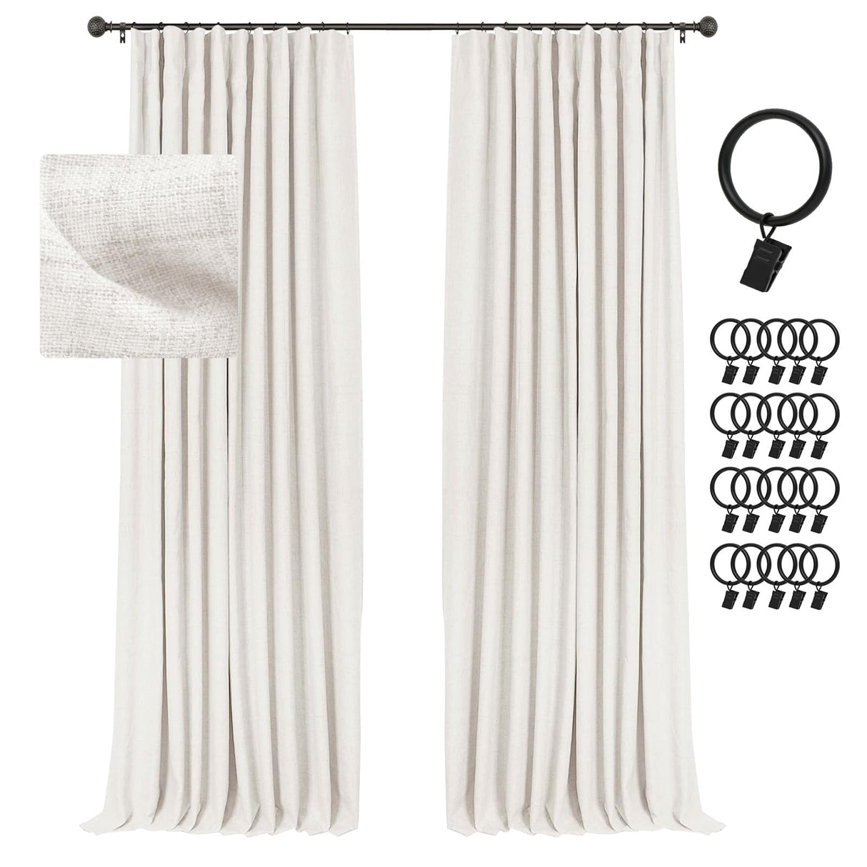INOVADAY 100% Blackout Curtains for Bedroom, Black Out Curtains Clip Rings/Rod Pocket Linen Blackout Drapes 2 Panels Set, Thermal Insulated Drapes for Living Room, Beige, W50 x L108 INOVADAY