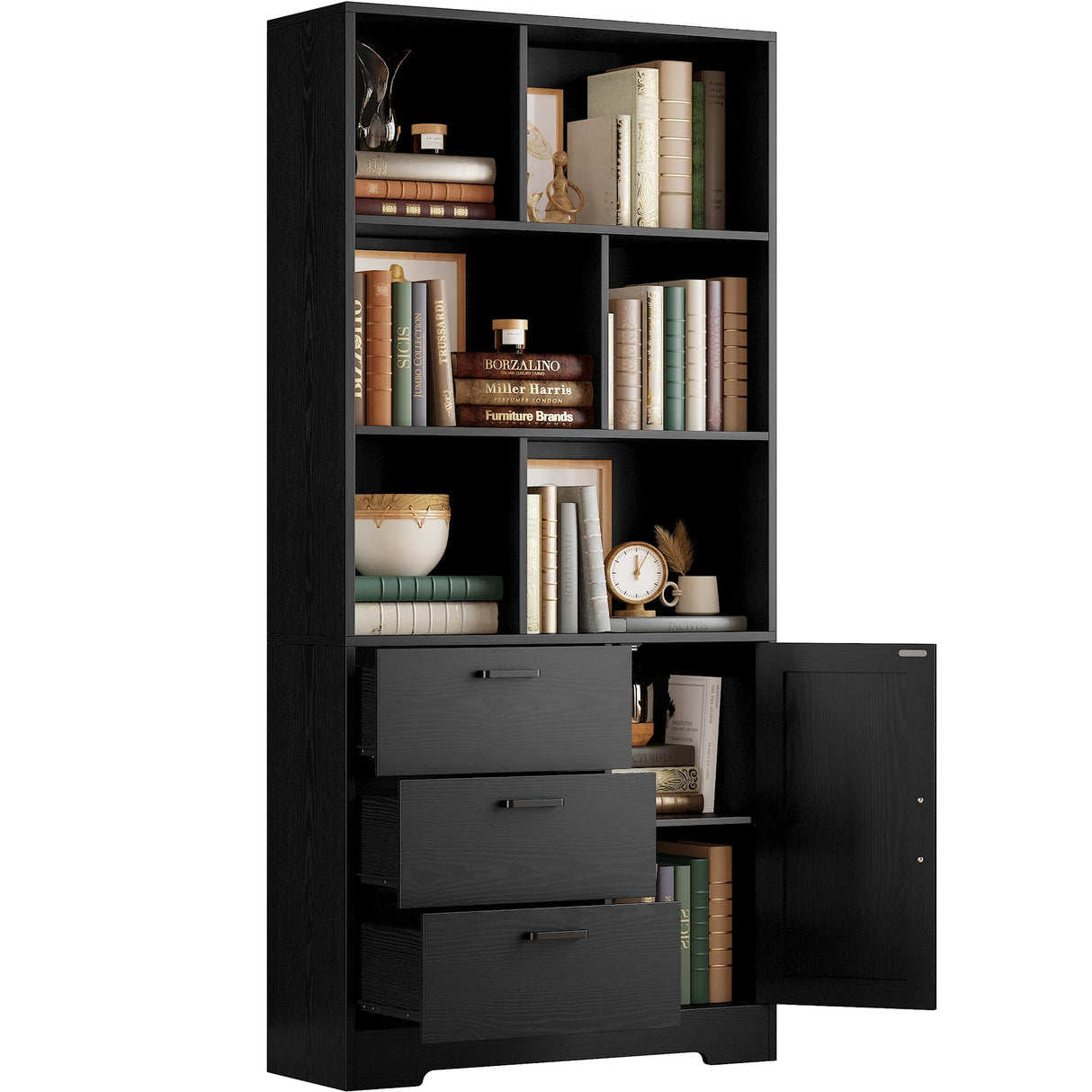 IRONCK Bookshelf with Drawers, 70.9 inch Tall Bookcase with Doors, Bookshelves and Bookcases with Storage, Bookshelf with 6 Open Cubes for Home Office, Living Room, Study, Black IRONCK