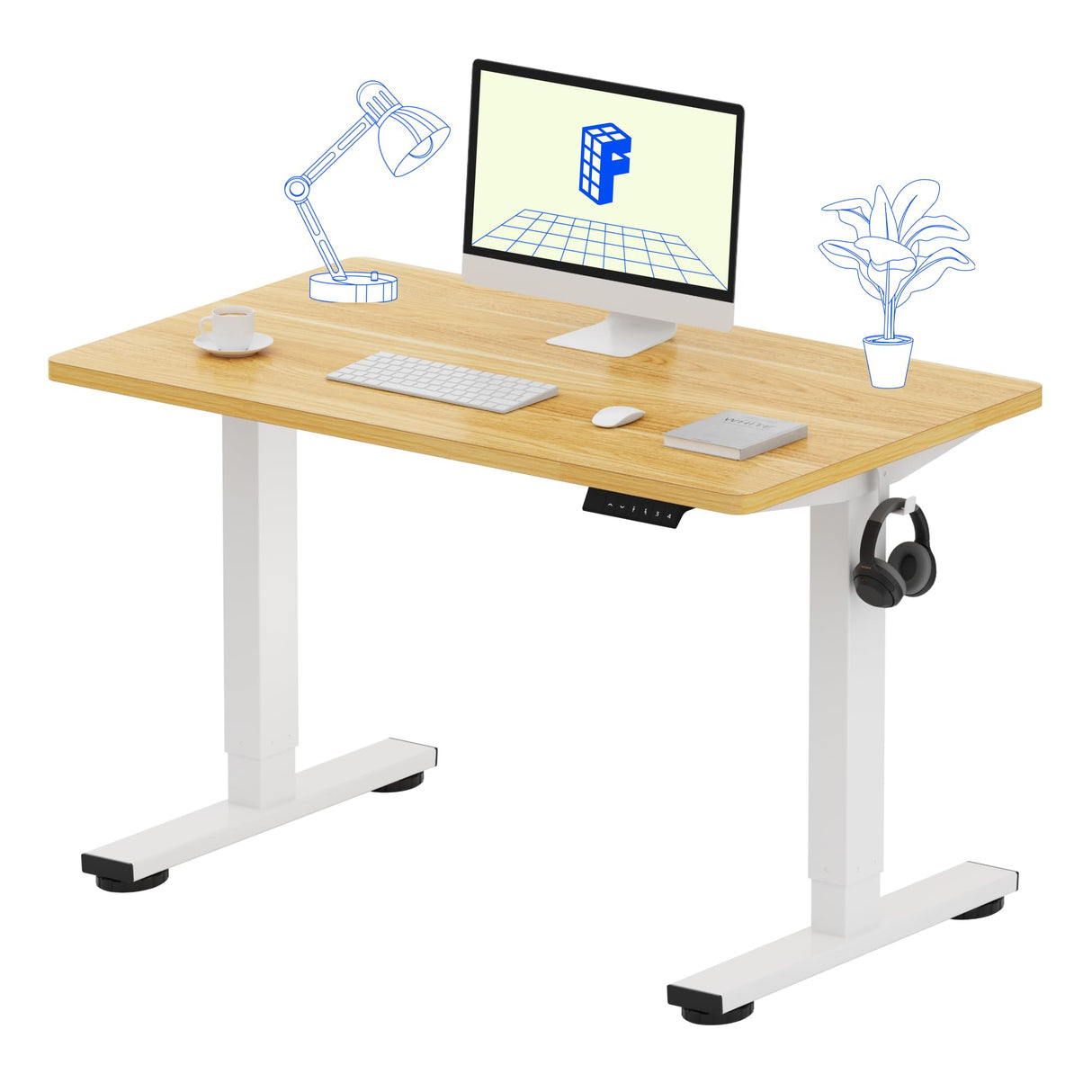 FLEXISPOT EN1 One-Piece Standing Desk 40 x 24 Inches Height Adjustable Desk Electric Sit Stand Up Desk Home Office Desks Computer Workstation (White Frame + Maple Desktop) FLEXISPOT