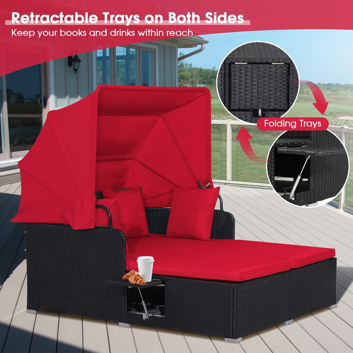RELAX4LIFE Patio Outdoor Daybed with Canopy, Wicker Sunbed w/Cushions, 4 Pillows & 2 Retractable Side Trays, 2-Person Lounge Bed Conversation for Poolside Porch Garden, Rattan Outdoor Bed (Red) RELAX4LIFE