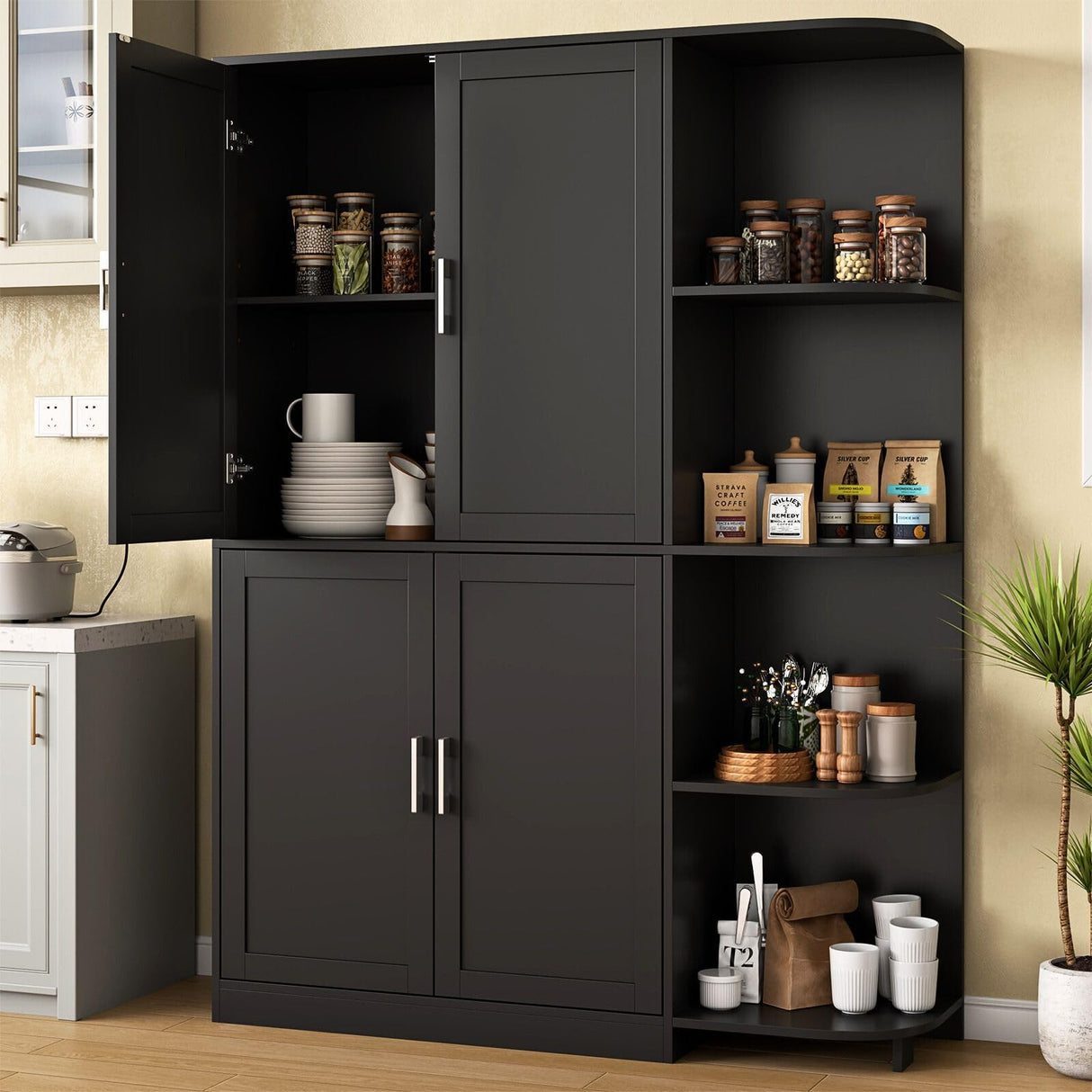 Loomie Kitchen Pantry Storage Cabinet, Food Pantry Cabinet with Doors & Adjustable Shelves, 64" Tall Kitchen Cabinet with 5-Tier External Shelf, Freestanding Cupboard for Kitchen (Black) Loomie