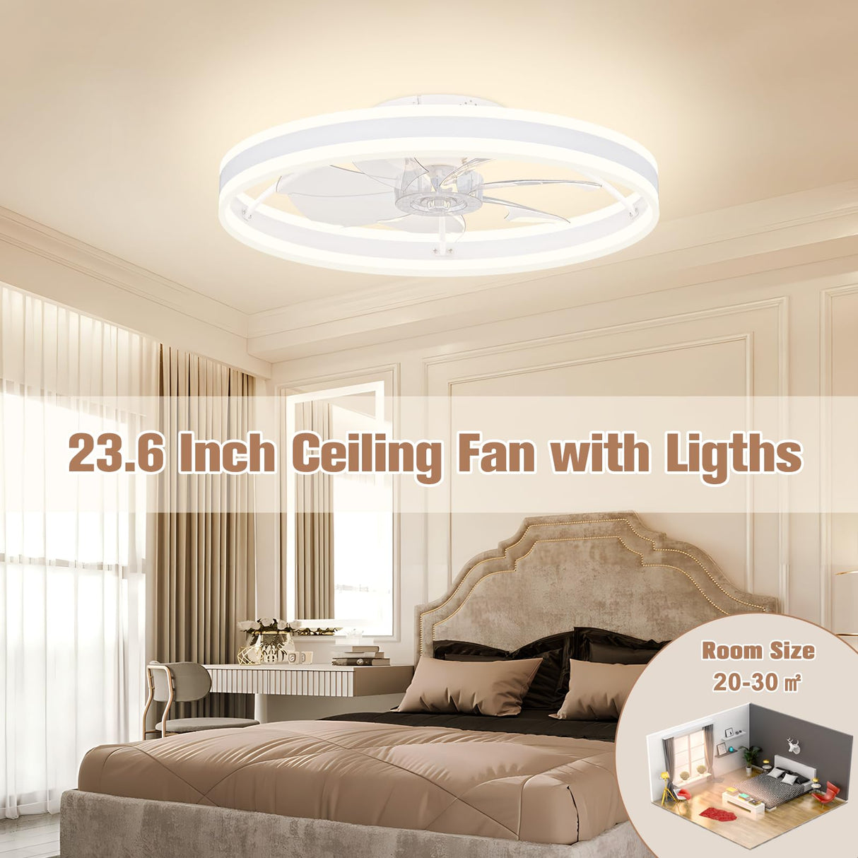 VOLISUN Low Profile Ceiling Fans with Lights and Remote, 23.6in Flush Mount Ceiling Fans with Light, 3000K-6500K Dimmable Fandelier LED Fan Light, White Bladeless Ceiling Fans with Lights for Bedroom VOLISUN
