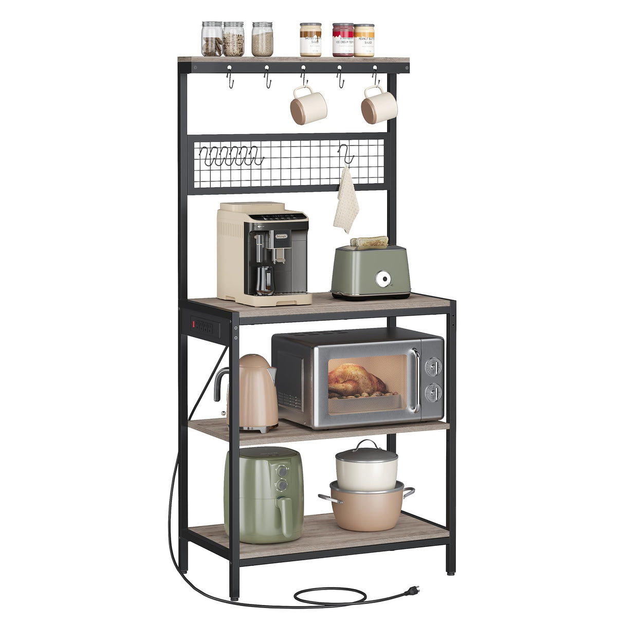 VASAGLE Bakers Rack with Charging Station, 80 cm Coffee Bar with Adjustable Storage Shelf, Microwave Stand, Grid Panel, 12 Hooks, for Kitchen, Heather Greige and Ink Black UKKS016K02 VASAGLE