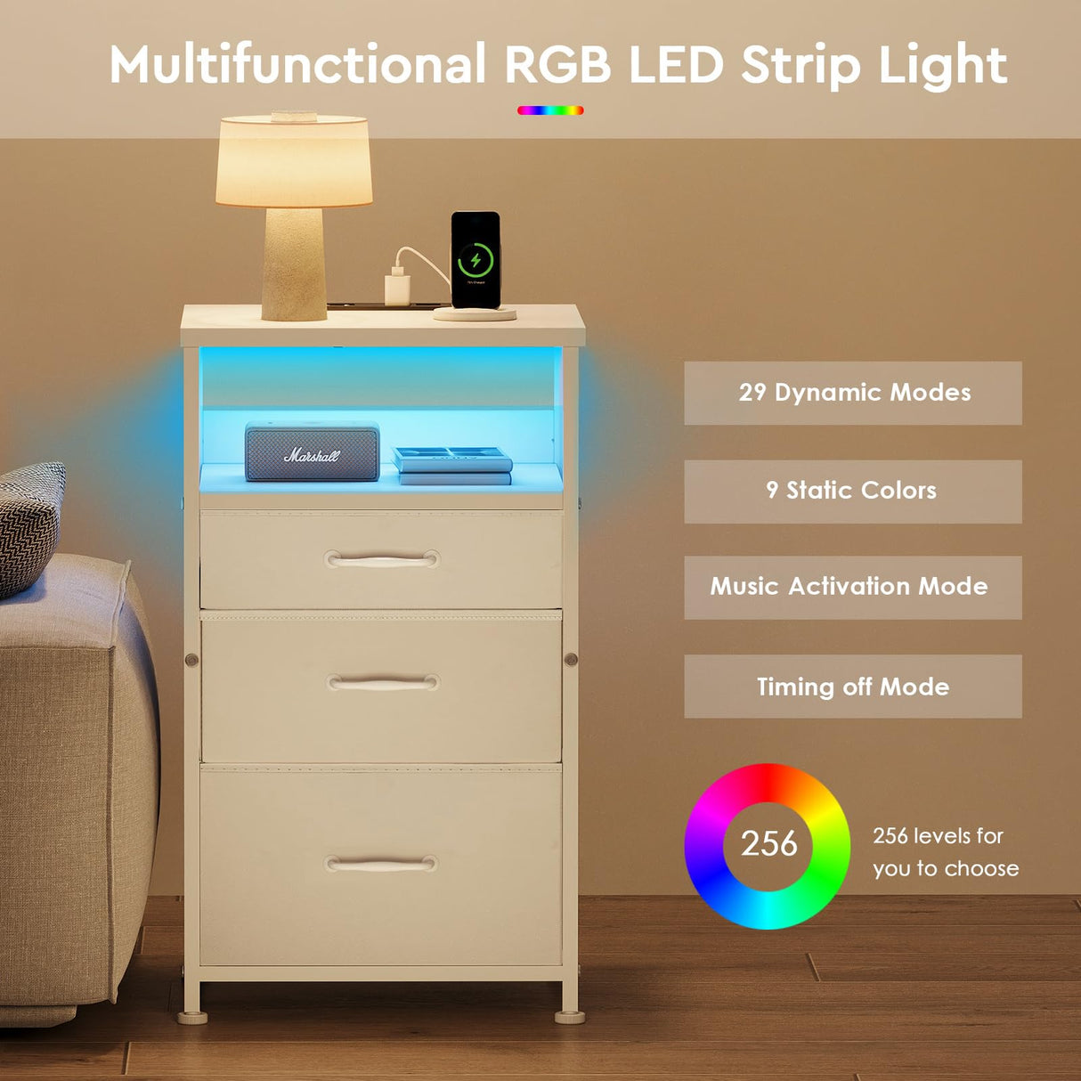 Yetom Nightstand with Charging Station Set of 2, LED Night Stand with3 Fabric Drawers, Side Table with Open Shelf, End Table with Steel Frame, 3 Drawer Dresser for Bedroom, White YeTom