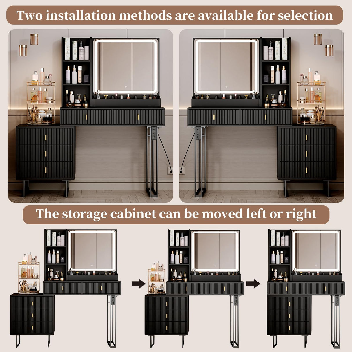 Large Vanity Desk with 3 Color Touch Screen Dimming Mirror, Vanity Desk with Charging Station, Modern Retractable Makeup Dressing Table, Vanity Table With storage shelves and 5 Sliding Drawers, Black YYJ