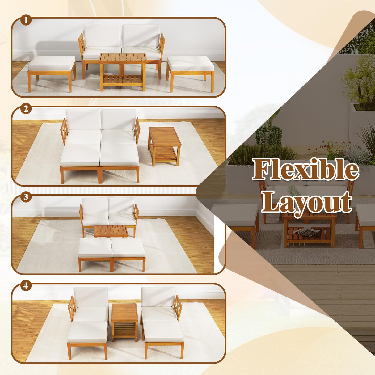 HAPPYGRILL 5 Pieces Acacia Wood Patio Chaise Lounge Chair Set with Ottoman, Outdoor Patio Furniture Set with Cushions and 2-Tier Coffee Table, Outdoor Sectional Conversation Sofa Set for Garden HAPPYGRILL