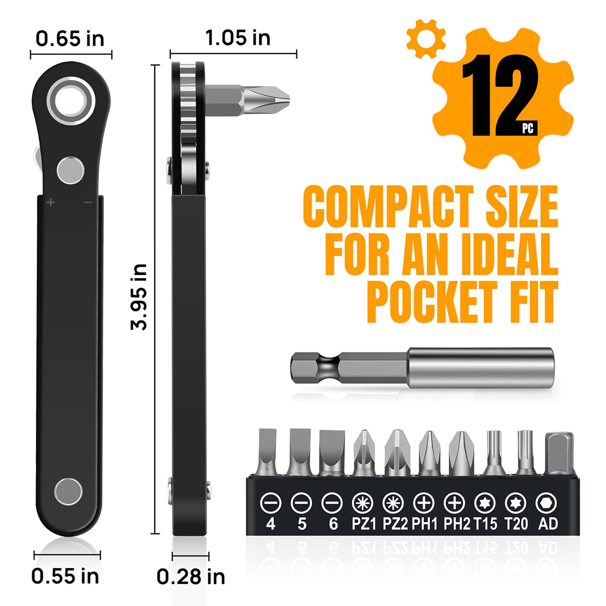 Ratcheting Screwdriver Men Gifts-Right Angle Screwdriver 90 Degree Offset Screwdriver Bit Set Low Profile Pocket Screwdriver For Tight Space Cool Gadget EDC Gear Gift For Men Him Dad Husband (12-IN-1) NewFation