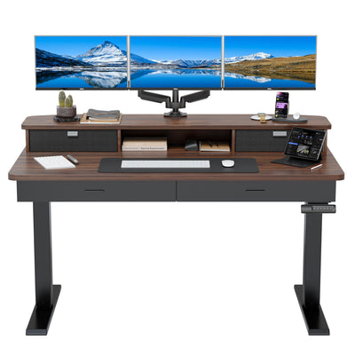 HUANUO 55 x 30 inch Electric Standing Desk with Wood Drawers, Adjustable Height Sit Stand Home Office Desk with Two Tiers, Ergonomic Adjustable Stand up Desk C-Clamp Monitor Mount Compatible, Walnut