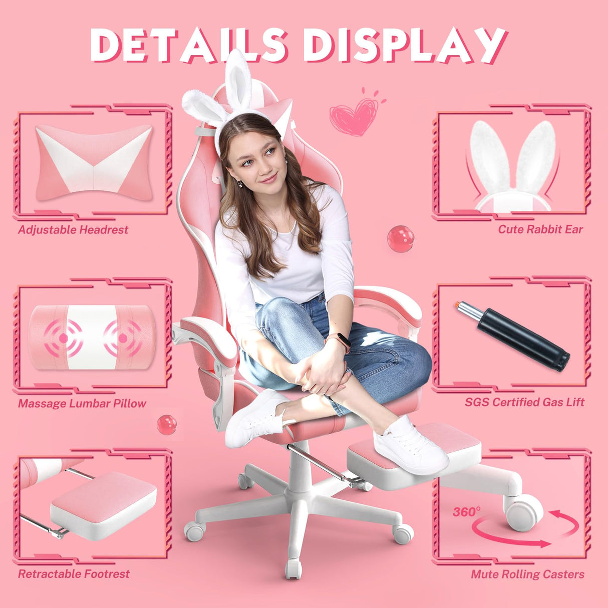 Ferghana Kawaii Pink Gaming Chair with Bunny Ears, Ergonomic Cute Gamer Chair with Footrest and Massage, Racing Reclining Leather Office Computer Game Chair 250lbs for Girls Adults Teens Kids Ferghana