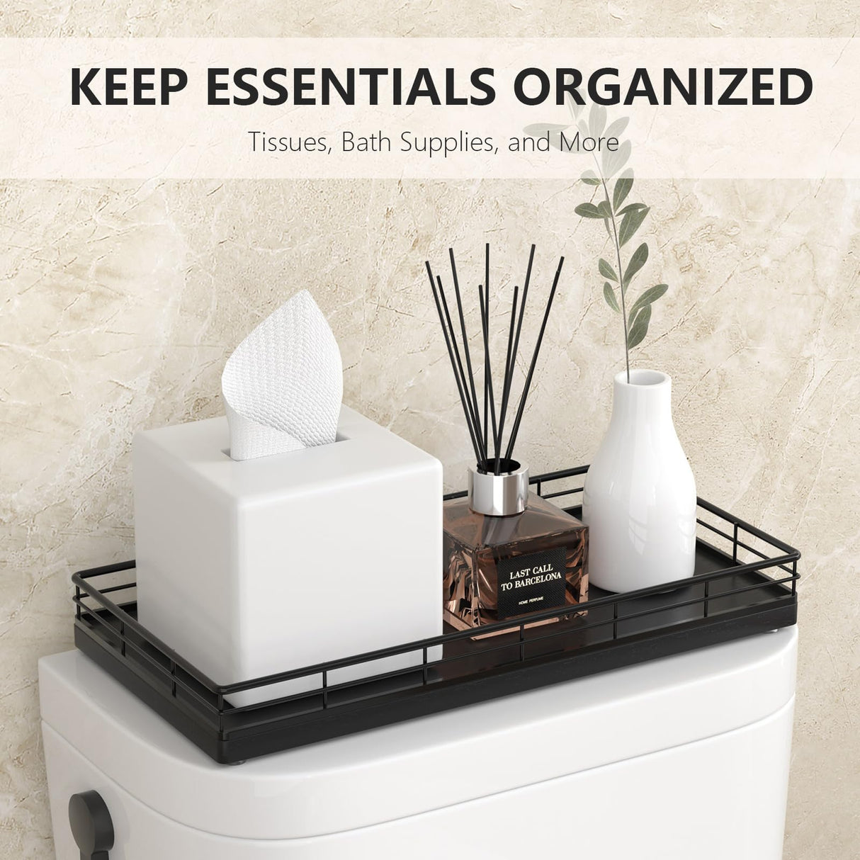 Toilet Paper Basket Organizer – Oak Wood Toilet Tank Tray with Metal Frame, Back of Tank or Top Bathroom Counter Storage – Black Modern Decor Focusonit