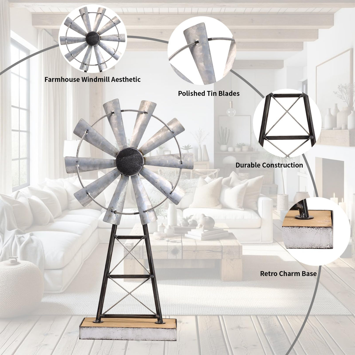 MODE HOME Charming Tall Galvanized Windmill Decor, Metal Windmill Accent for Farmhouse Shelf Decor and Living Room, Adding a Touch of Rustic Farmhouse Decor to Your Home Space MODE HOME