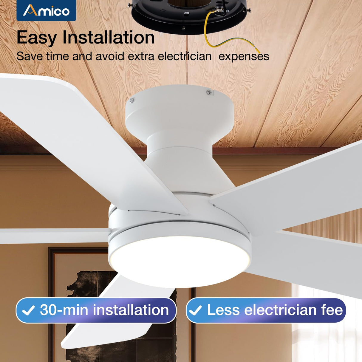Amico Ceiling Fans with Lights, 42 Inch Low Profile Ceiling Fan with Light and Remote Control, Flush Mount, Reversible, 3CCT, Dimmable, Quiet, White Small Ceiling Fan for Bedroom Outdoor/Indoor Use Amico