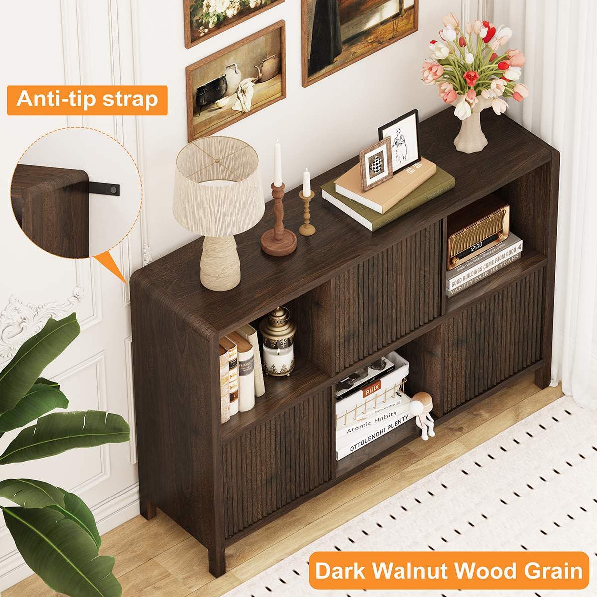 FATORRI 6 Cube Storage Organizer Book Shelf, Horizontal Bookshelf with 3 Doors, 3 Tier Wooden Bookcase for Living Room, Home Office (Dark Walnut) FATORRI