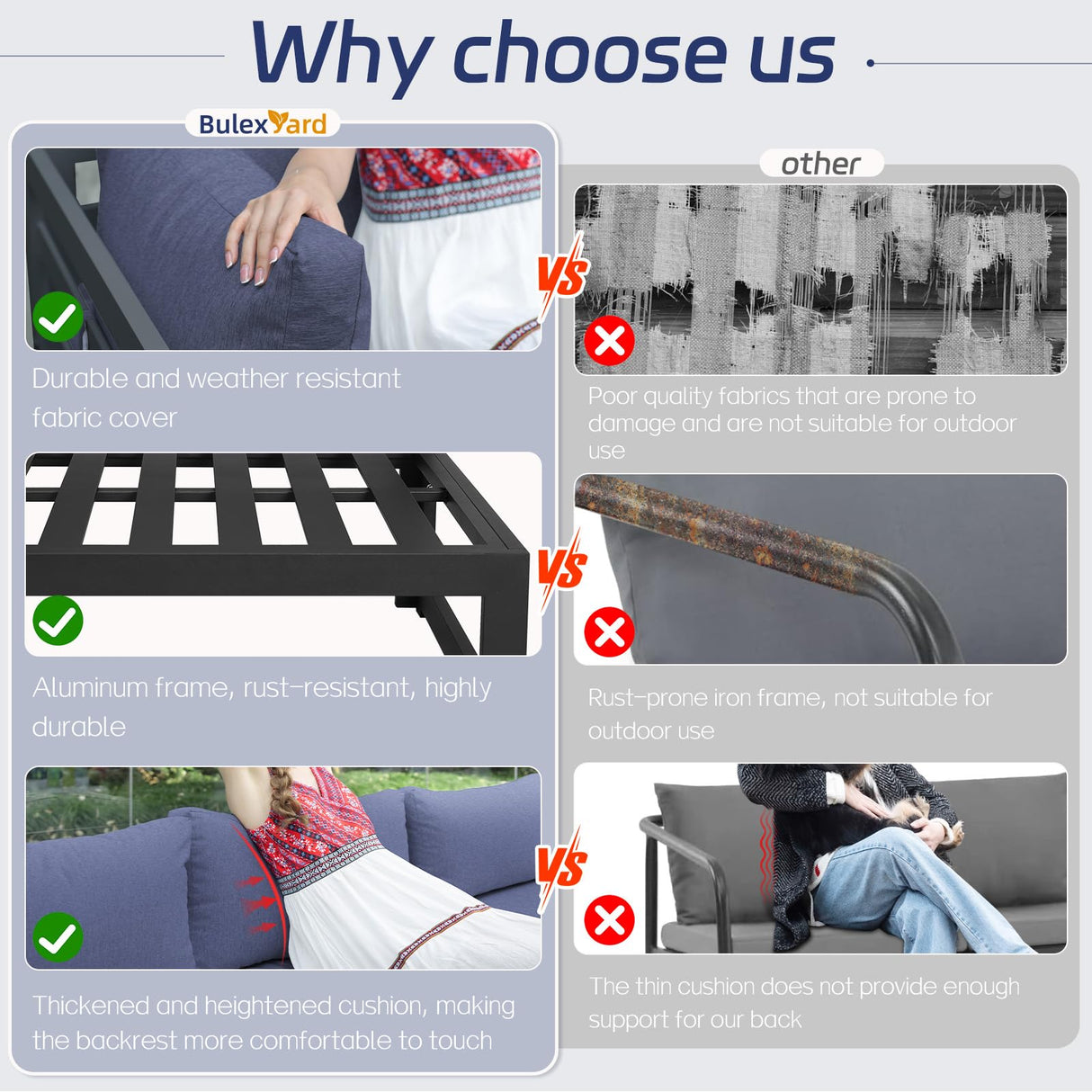 BULEXYARD 8 Seat Minimalist Aluminum Patio Sectional Seating with Fire Pit, 500 lbs Heavy Duty Outdoor Furniture Set, 29" Deep Wide Oversized Seating U Shaped Conversation Couch for Garden, Denim Blue BULEXYARD