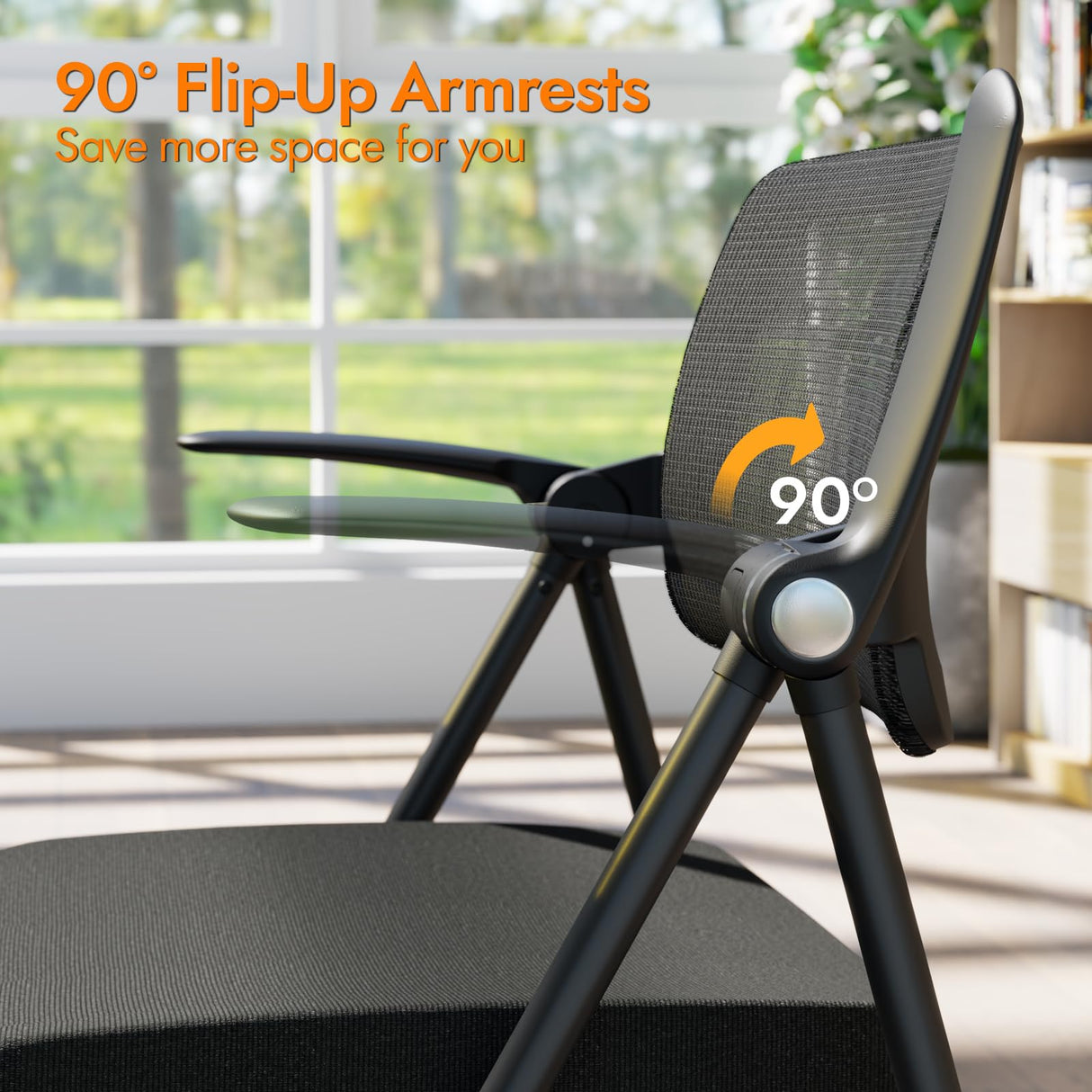 FYLICA Stackable & Foldable Office Chair Set of 2, Folding Desk Chair with Flip-Up Armrest, Breathable Mesh, Thick Seat Cushion & Rocking Backrest, Conference Room Chair with Wheel (Black) FYLICA