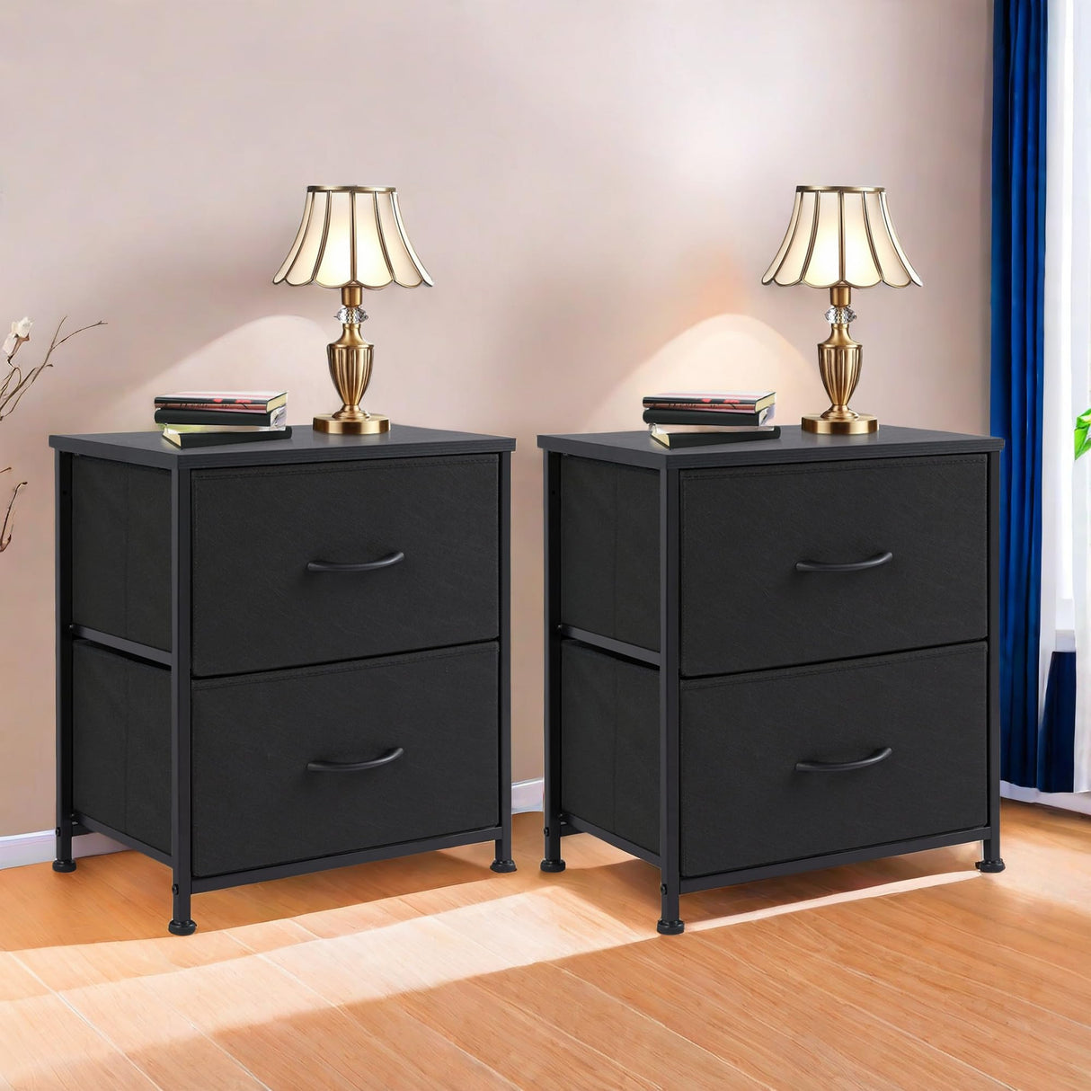 GlasFlength Night Stand, Small Dresser with 2 Fabric Drawers, Farmhouse Black Nightstands Set of 2 for Bedroom, Closet, Dorm, Black/2BC 2-Pack GlasFlength