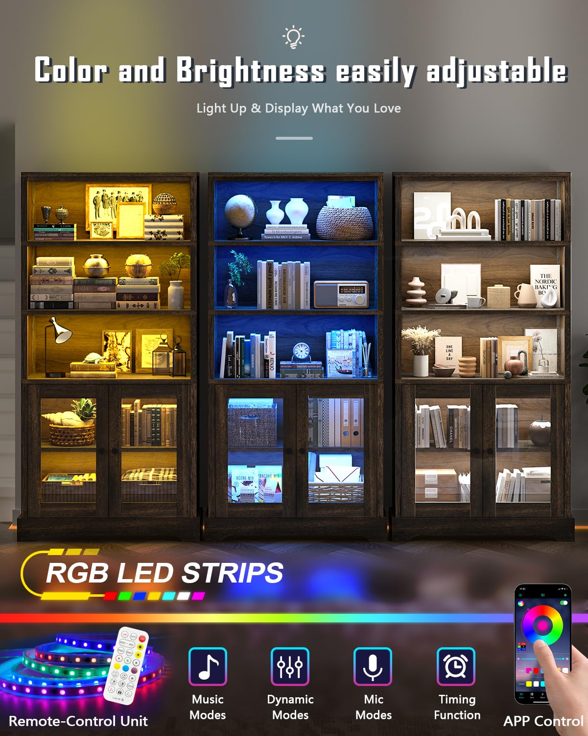 TVU 5-Tier Bookcase with Cabinet & LED, Wood 65 Inch Tall Bookshelf with Storage, Floor Standing Display Book Shelf for Living Room, Office, Study, Entryway (Rustic Brown) TVU