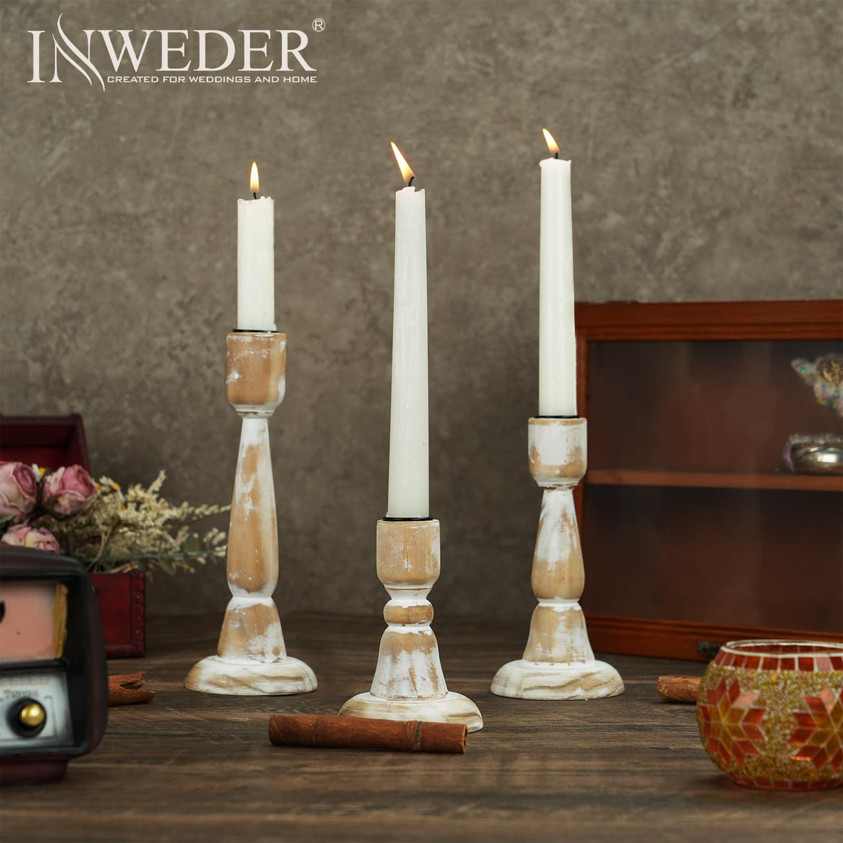 Inweder Wood Taper Candle Holders: 3Pcs Rustic Candle Holders for Candlesticks Wood Candle Holder for Home Decor Wooden Candlestick Holders for Fireplace Farmhouse Candle Holders Table Centerpiece Inweder