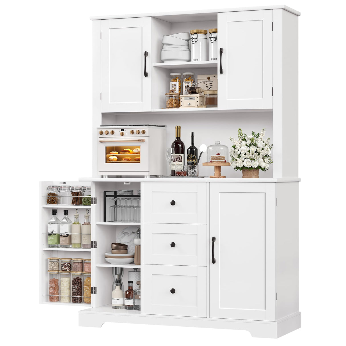 BOTLOG 68" Tall Kitchen Pantry Cabinet with Microwave Stand, Kitchen Hutch Cabinet with Door Shelves, Farmhouse Freestanding Food Pantry for Living Room, Dining Room, White BOTLOG