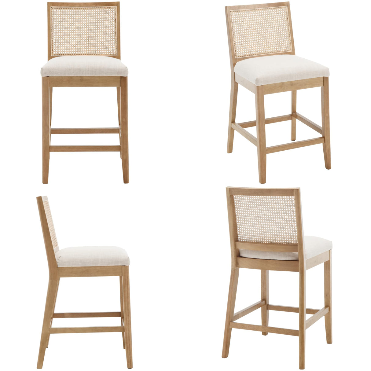 BESTANO Rattan Counter Stools Set of 4, 26 Inches Modern Counter Height Bar Stools Farmhouse Wooden Barstools with Back, Boho Linen Fabric Upholstered Kitchen Island Chairs, Cream BESTANO