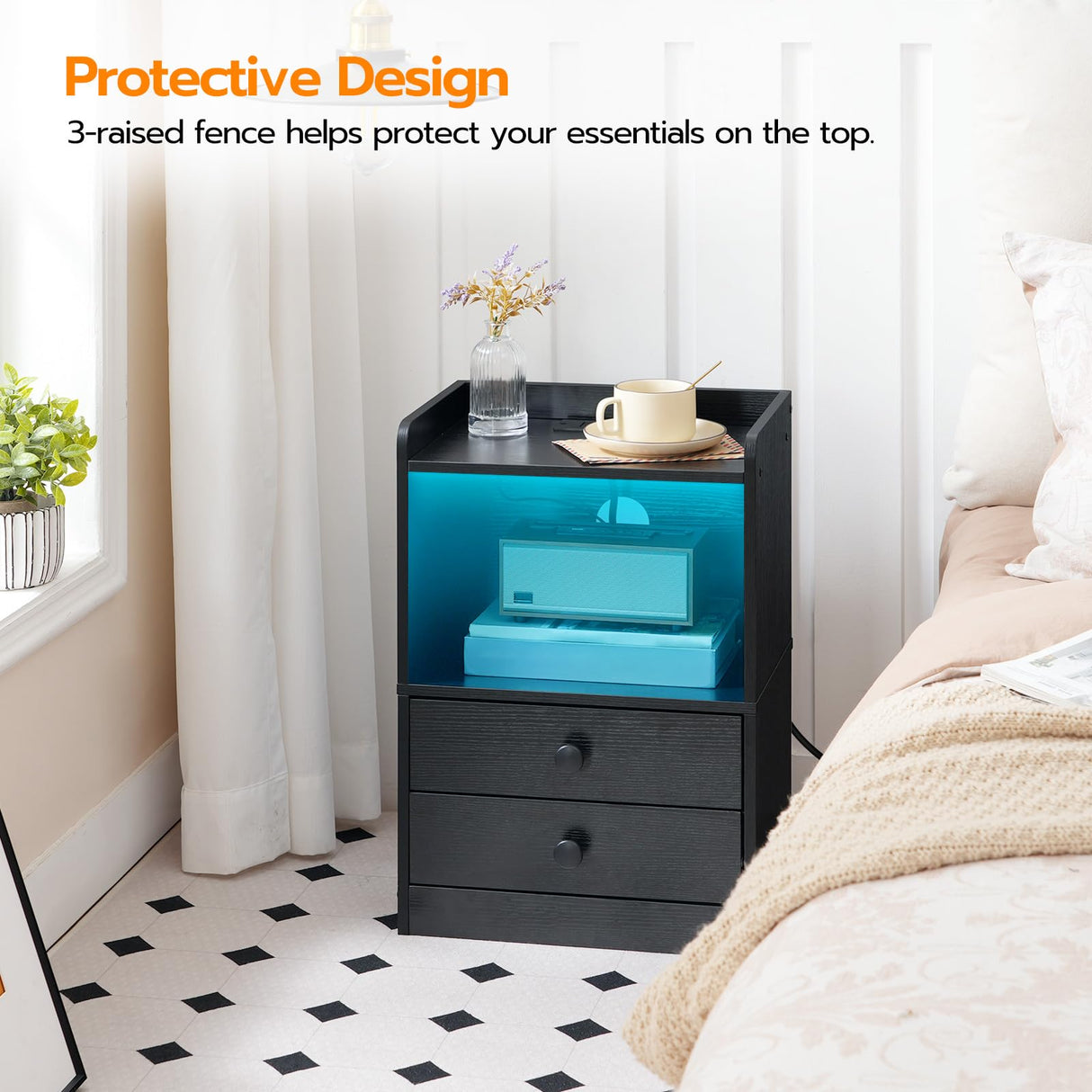 HOOBRO Nightstand with Charging Station, Modern Night Stand with LED Lights, Side Table with 2 Drawers, Bedside End Table with USB Ports and Outlets, Night Stands for Bedroom, Black BK28UDBZ01 HOOBRO