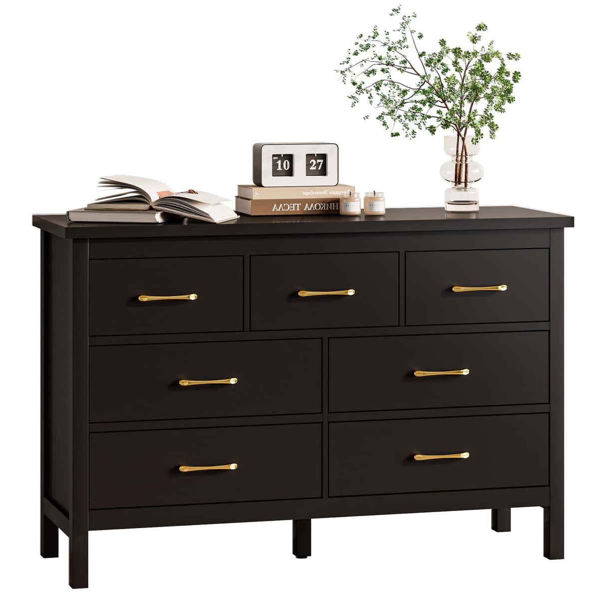 Tradare Black Dresser for Bedroom, 7 Drawer Wood Double Dresser with Golden Handles, Wide Chest of Organizer Storage Drawers for Living Room, Hallway, Entryway Tradare