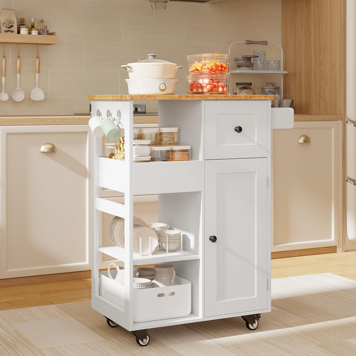 Gizoon Kitchen Island Cart on Wheels, with Thickened Wooden Countertop, Rolling Serving Utility Cart with Drawers and Doors, Bar Cart with Adjustable Shelf and Removable Tray for Dining Room, White Gizoon