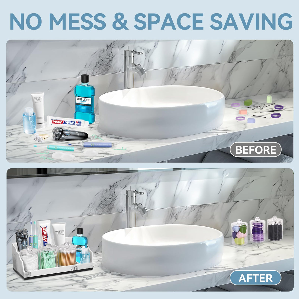 TuCao Marble Bathroom Countertop Organizer, Toothbrush Holders for Bathroom with 3PCS Qtip Holder Dispenser and Toothpaste Holder Drainage for Bathroom Accessories Organization Counter Vanity Storage TuCao