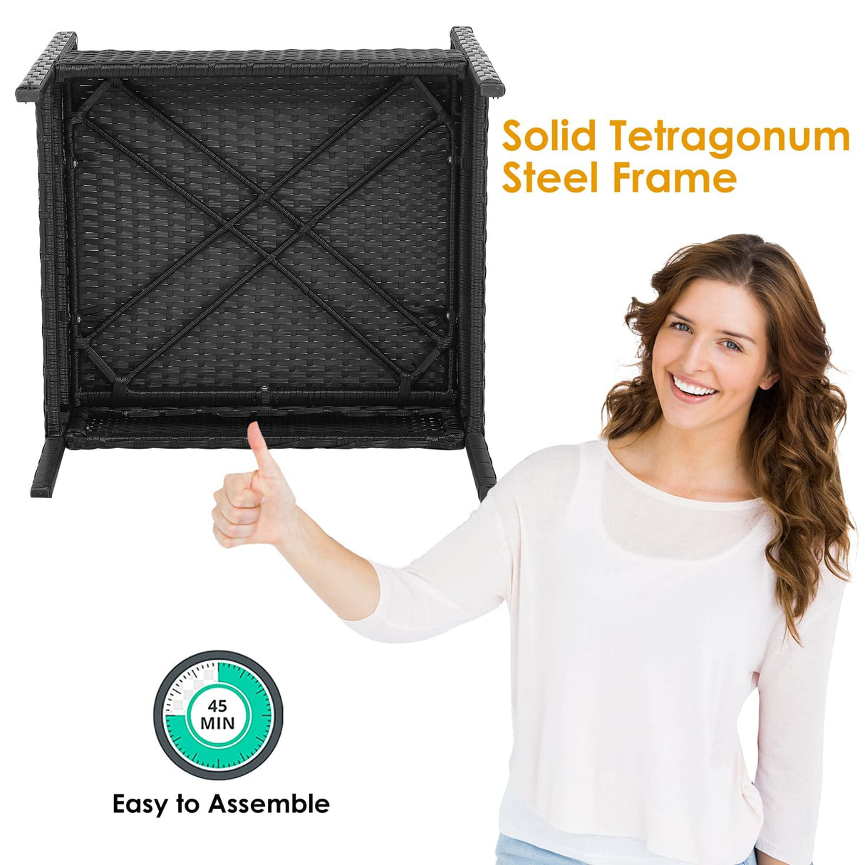 Tangkula 4 Piece Patio Rattan Conversation Set, Outdoor Wicker Sofa Furniture Set W/Loveseat & 2 Single Chairs, Acacia Wood Tabletop, Outside Sectional Set for Poolside, Deck, Garden (1, Black) Tangkula