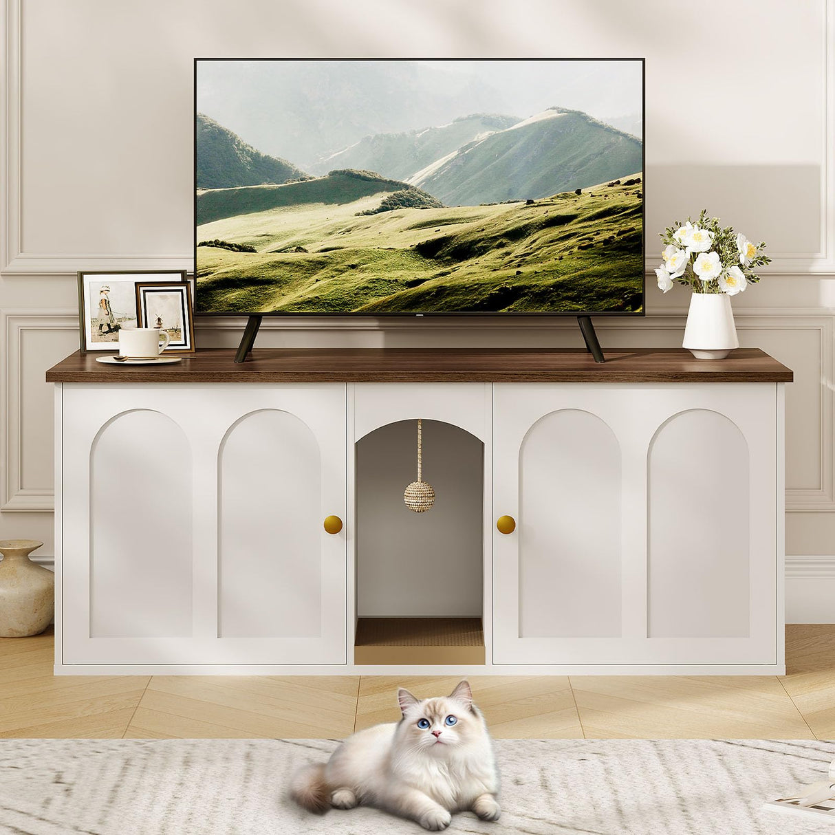 CHOEZON 47.2'' Double Cat Litter Box Enclosure, Hidden Cat Litter Box Furniture with Scratching Board and Dangling Ball, for 2 Cats, White and Walnut MMW02WL CHOEZON