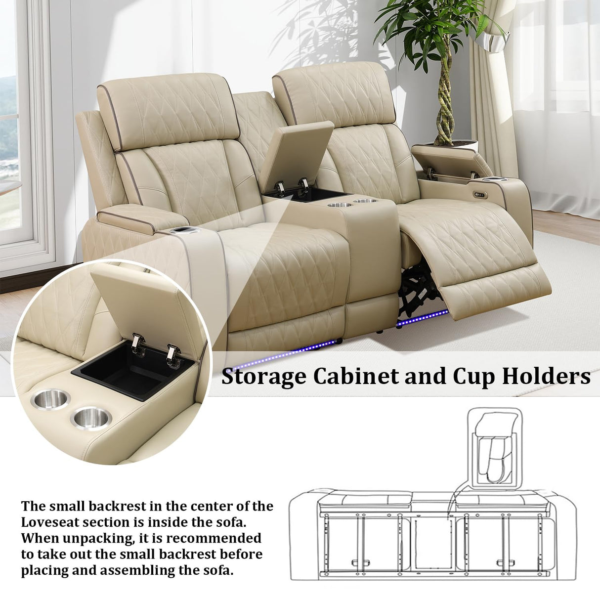 SIENWIEY Leather Recliner Sofa Set with LED Light, Power Reclining Couch Set with USB Port, Leather Couch Set 2 Pieces for Living Room Home Theater Seating(Beige,Sofa and Loveseat) SIENWIEY