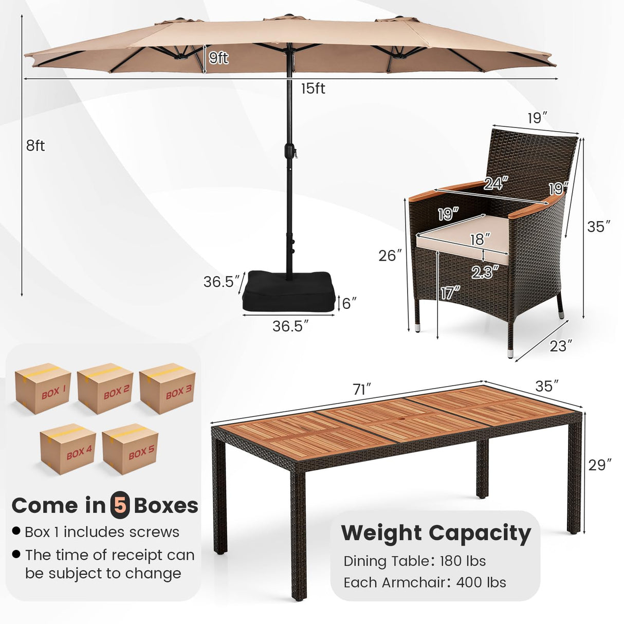 Tangkula 10 Piece Patio Rattan Dining Set with 15Ft Double-Sided Umbrella, Outdoor Heavy Duty Acacia Wood Table and Stackable Wicker Chairs Set, Umbrella with Weighted Base (Coffee) Tangkula