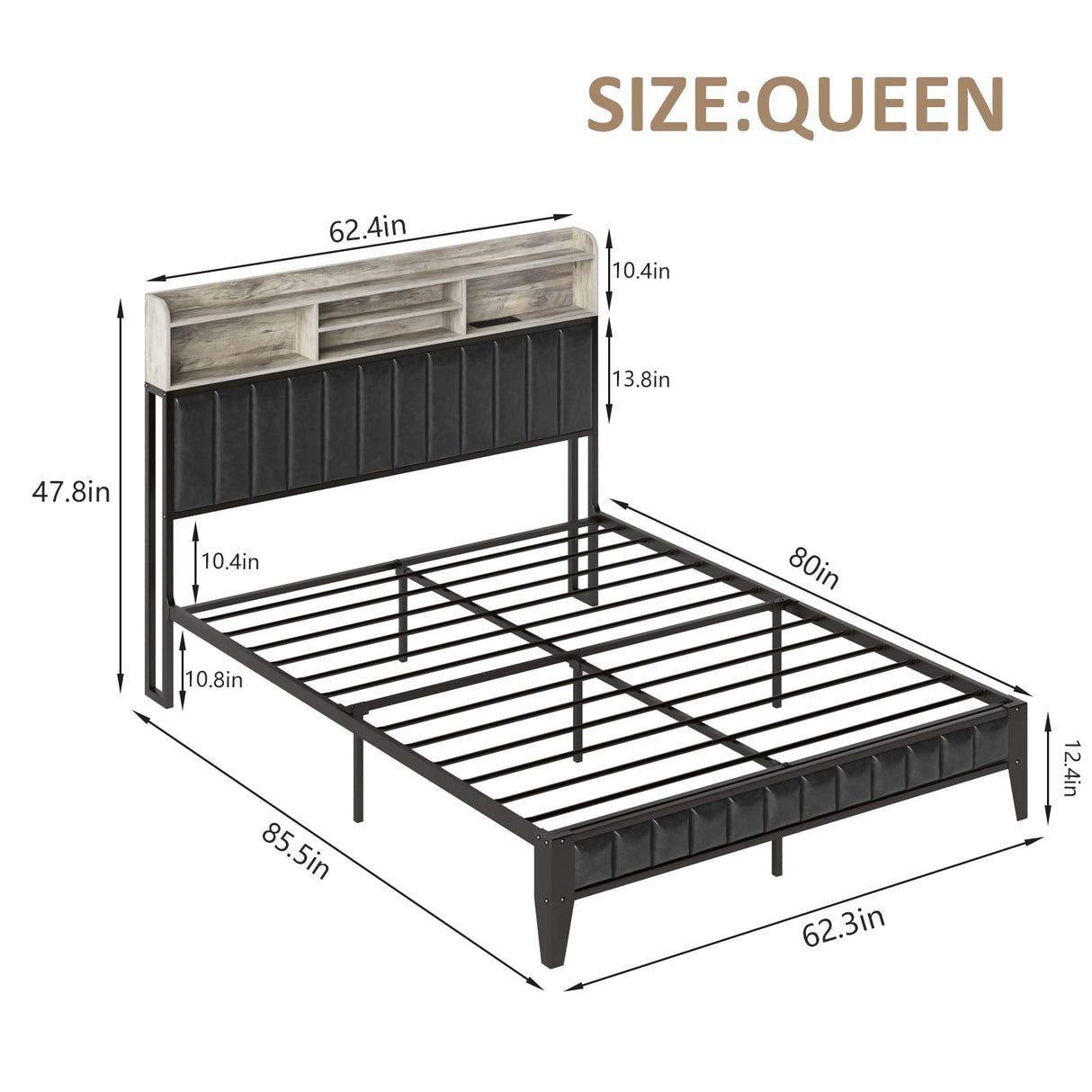 Halitaa LED Queen Bed Frame with Charging Station and Upholstered Bookcase Headboard in Wash Grey Halitaa