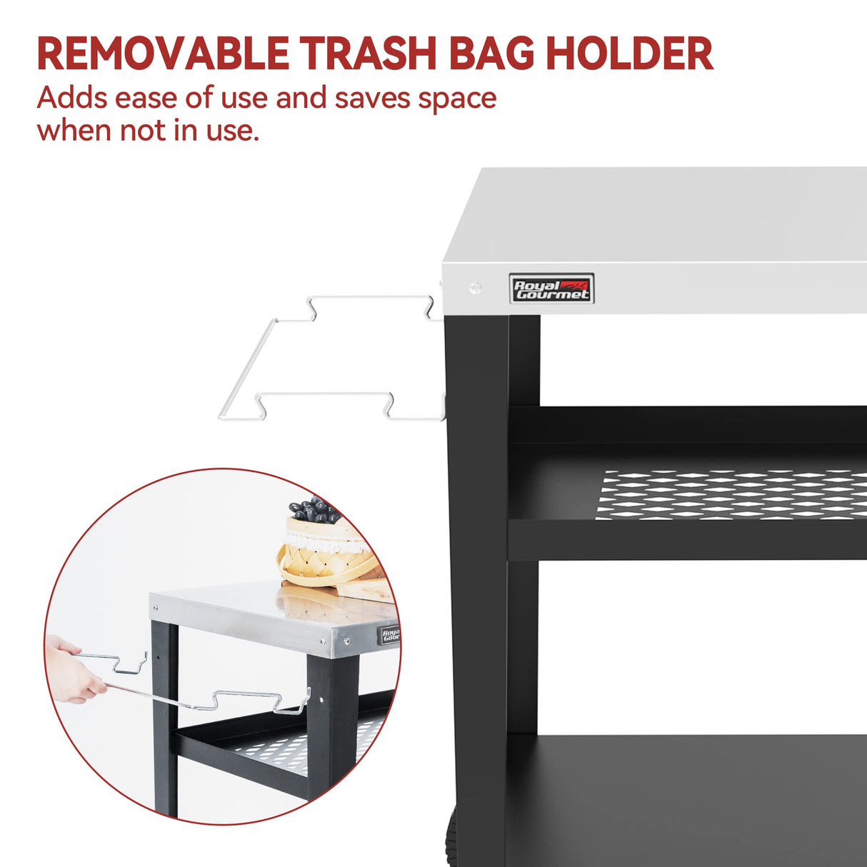 Royal Gourmet PC3404S Rolling Dining Table with Trash Bag Holder, Outdoor Garden Patio BBQ Kitchen Food Prep Table Cart, 34"L x 20"W Stainless Steel Tabletop, Silver & Black Royal Gourmet