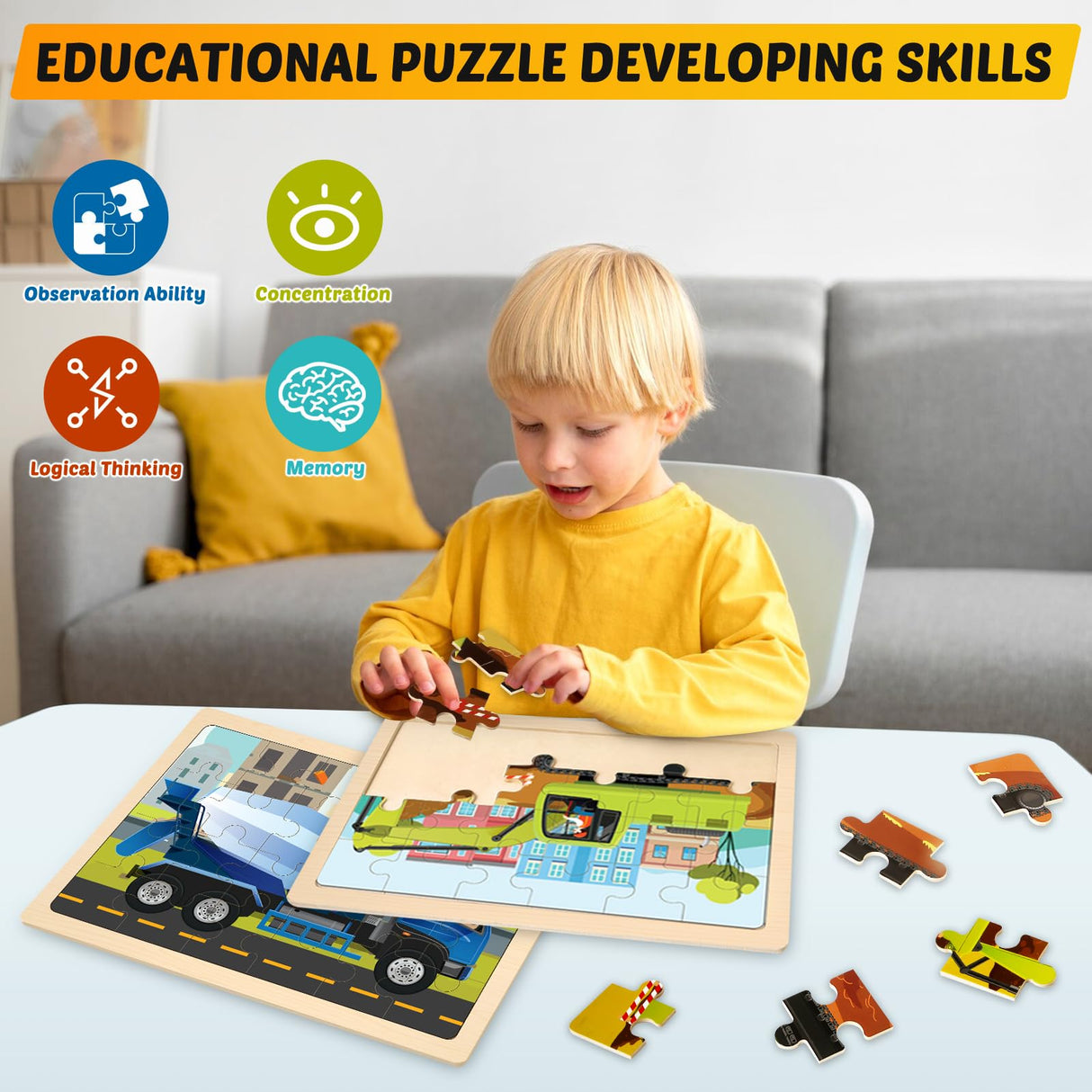 Wooden Puzzles for Kids Ages 4-6, 4 Packs 24 PCS Construction Vehicle Jigsaw Puzzles for Kids Ages 3-5, Preschool Educational Puzzles Boards Toys Gifts for Boys Girls Duchong