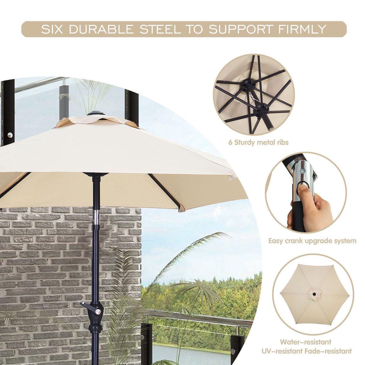 GDY 7.5FT Patio Umbrella Outdoor Table Umbrella,Market Umbrella with Push Button Tilt and Crank for Garden, Lawn, Deck, Backyard & Pool (Beige) GDY