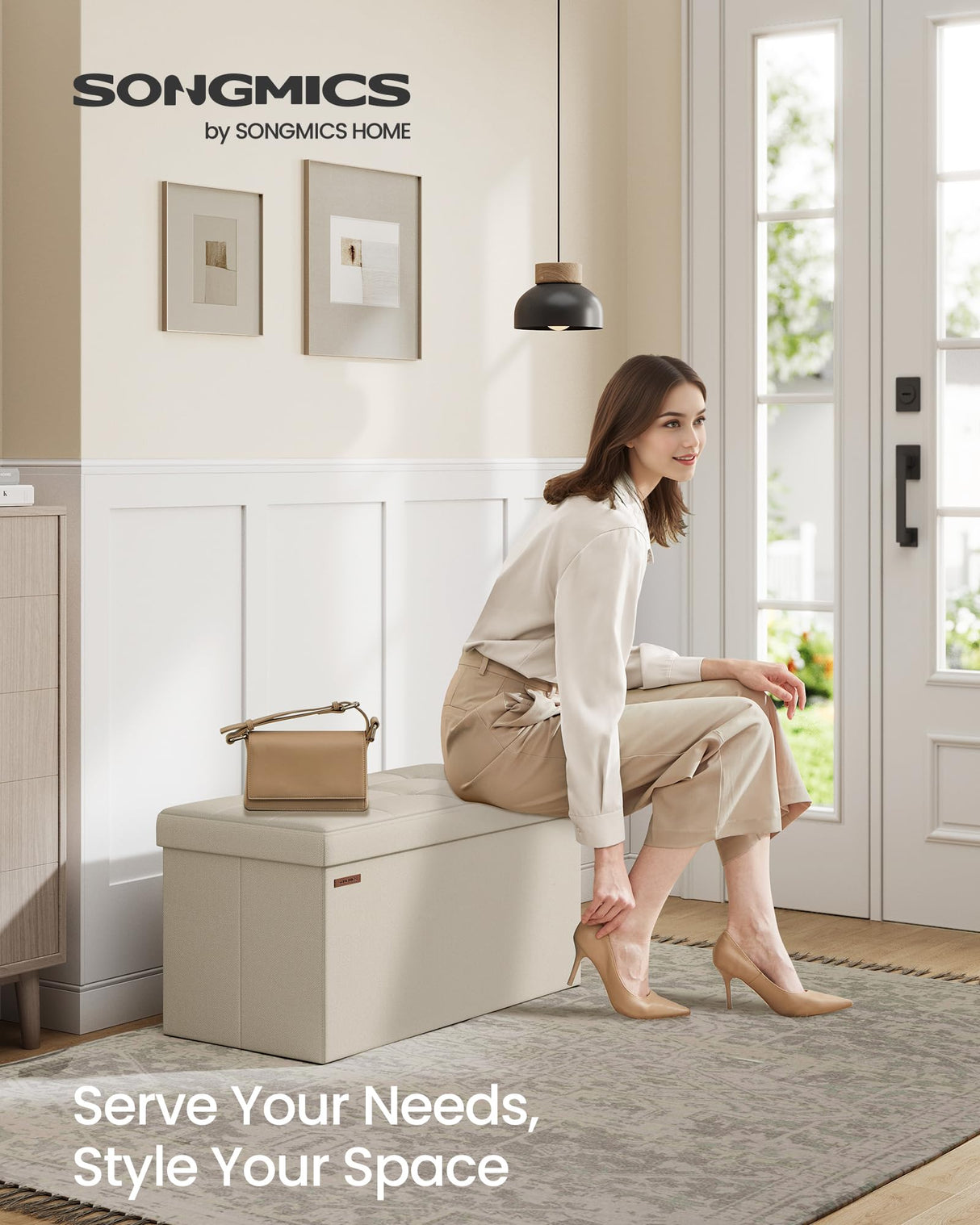 SONGMICS Mazie Collection - 30 Inches Folding Storage Ottoman Bench, Ottoman Foot Rest, End of Bed Bench, Storage Chest, Load 660 lb, for Living Room, Bedroom, Entryway, Cream White ULSF47BE SONGMICS