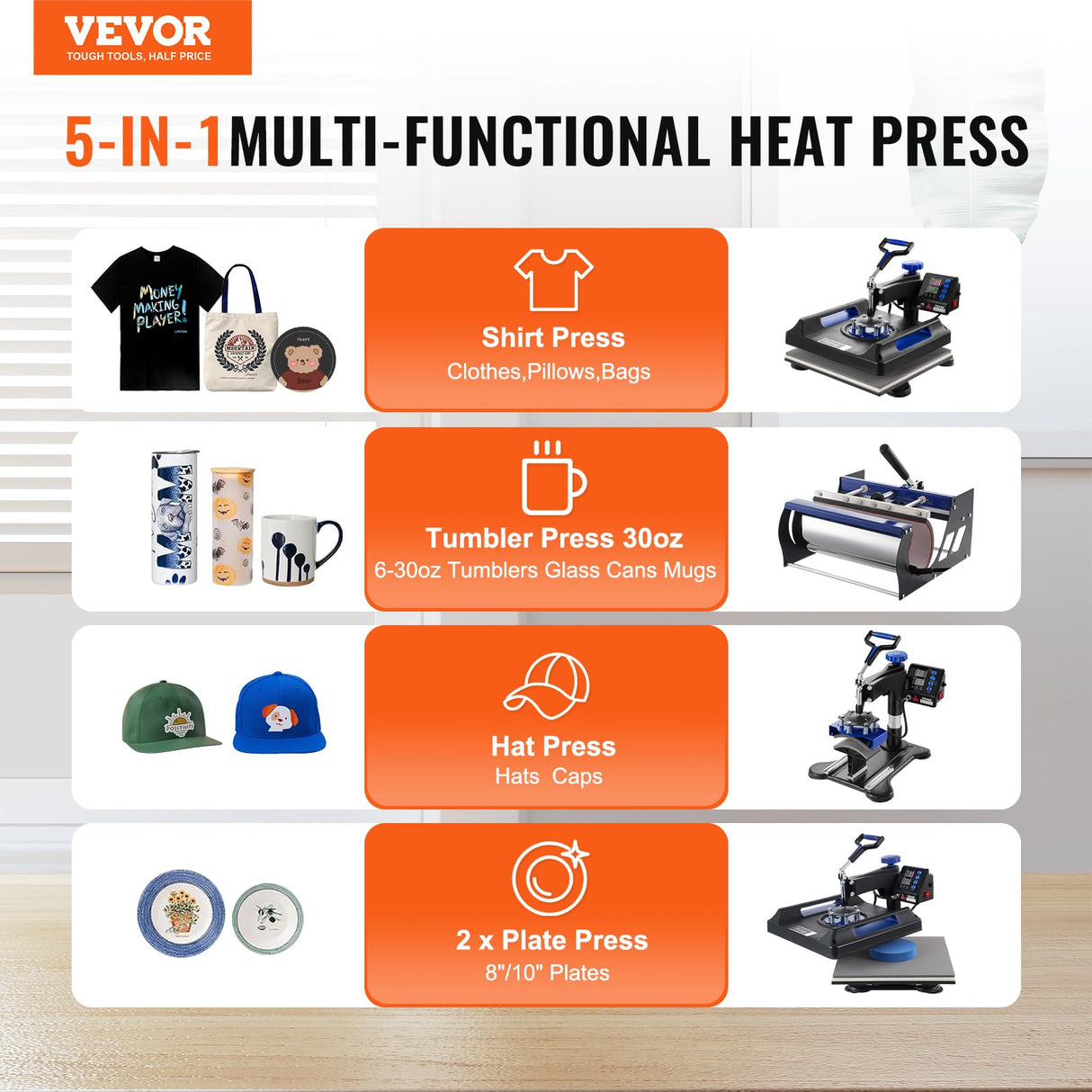 VEVOR 5 in 1 Heat Press Machine, Heat Transfer Machine with 30 oz Tumbler Press, 15 x 15 inch, 360° Swing Away T-Shirt Pressing, Fast Even Heating, for T-Shirts/Mugs/Plates/Hats, Black+Blue VEVOR